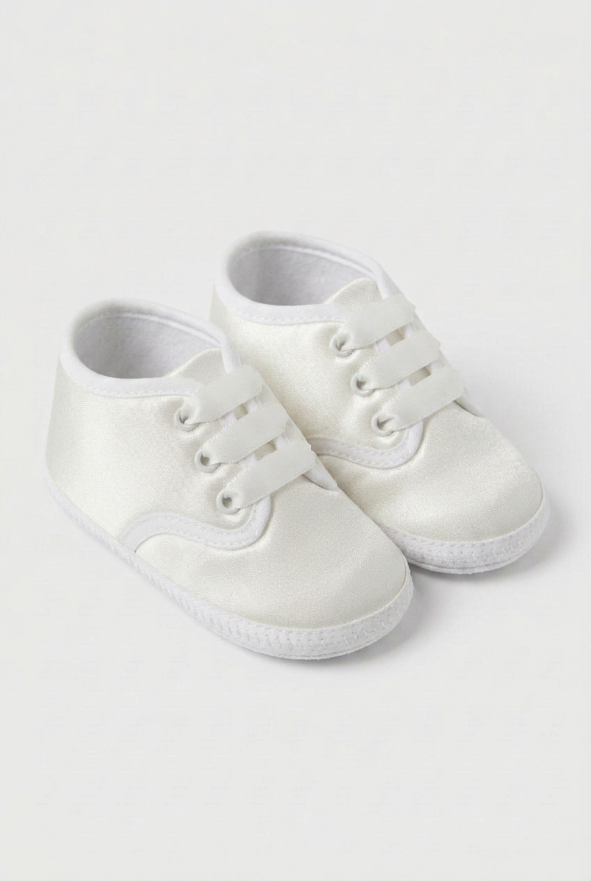 Unisex Babys Satinband Schnürwagen Schuhe - Weiß