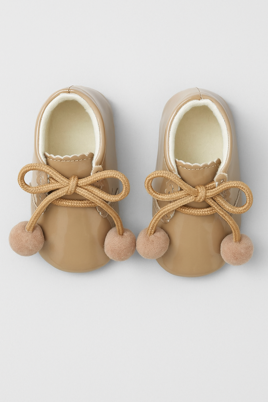 Unisex Baby Patent Pom Pom Booties Pram Shoes - Joe - Camel Front Picture