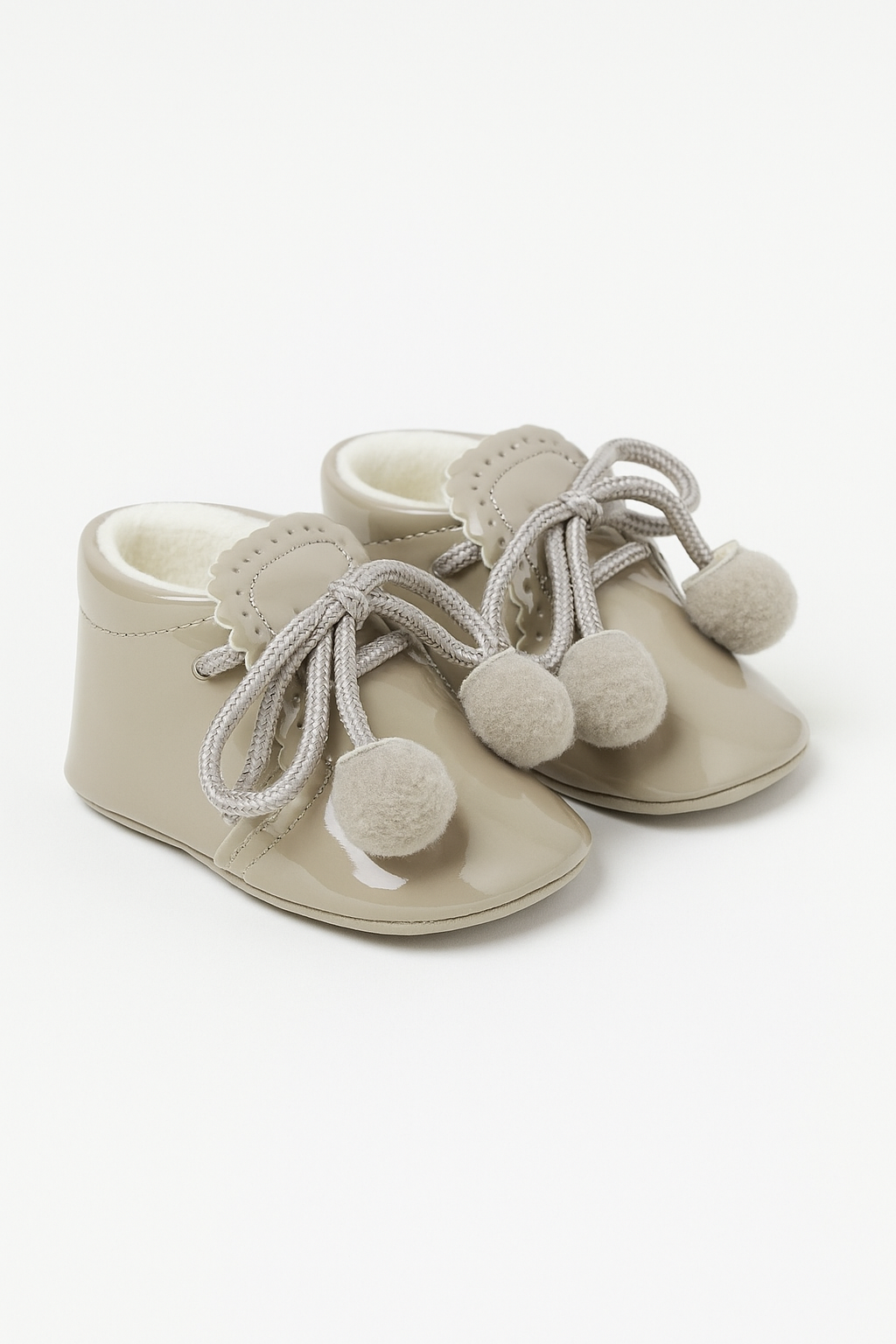 Unisex Baby Patent Pom Pom Booties Pram Shoes - Joe - Grey Pair Side Picture