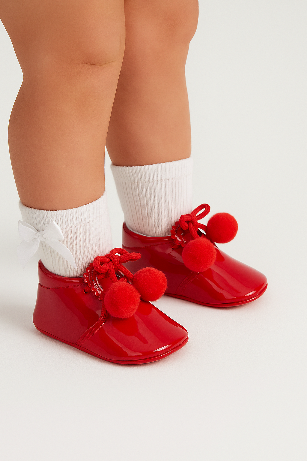 Unisex Baby Patent Pom Pom Booties Pram Shoes - Joe - Red Model Picture