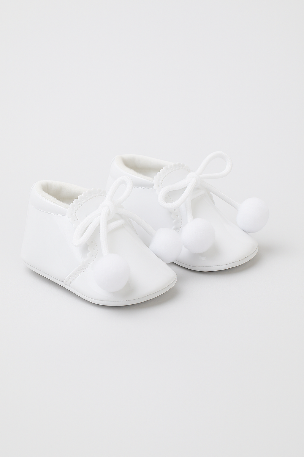 Unisex Baby Patent Pom Pom Booties Pram Shoes - Joe - White Pair Side Picture