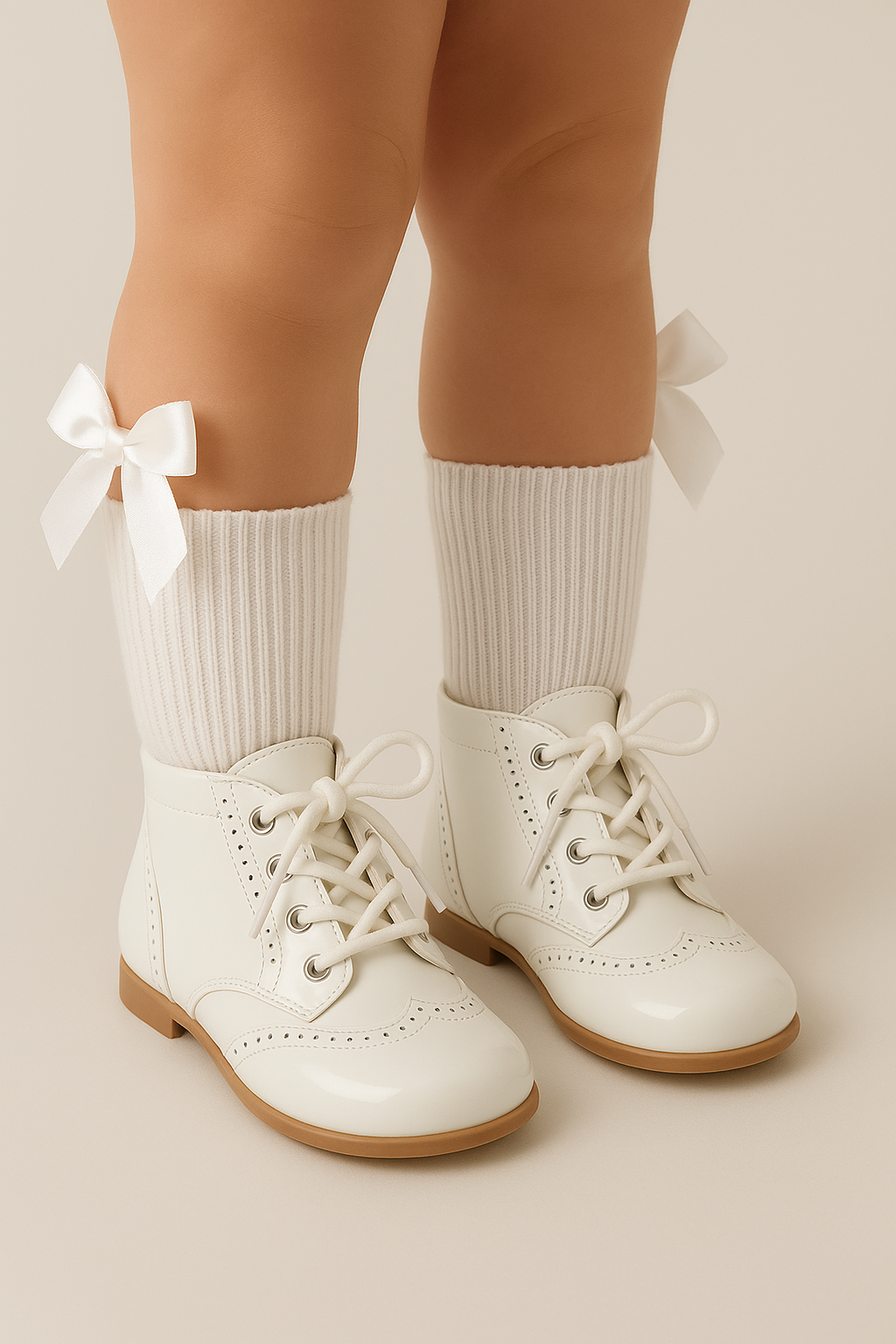 Unisex Kids Patent Leather Brogue Ankle Boots - QUINN - White Model Picture