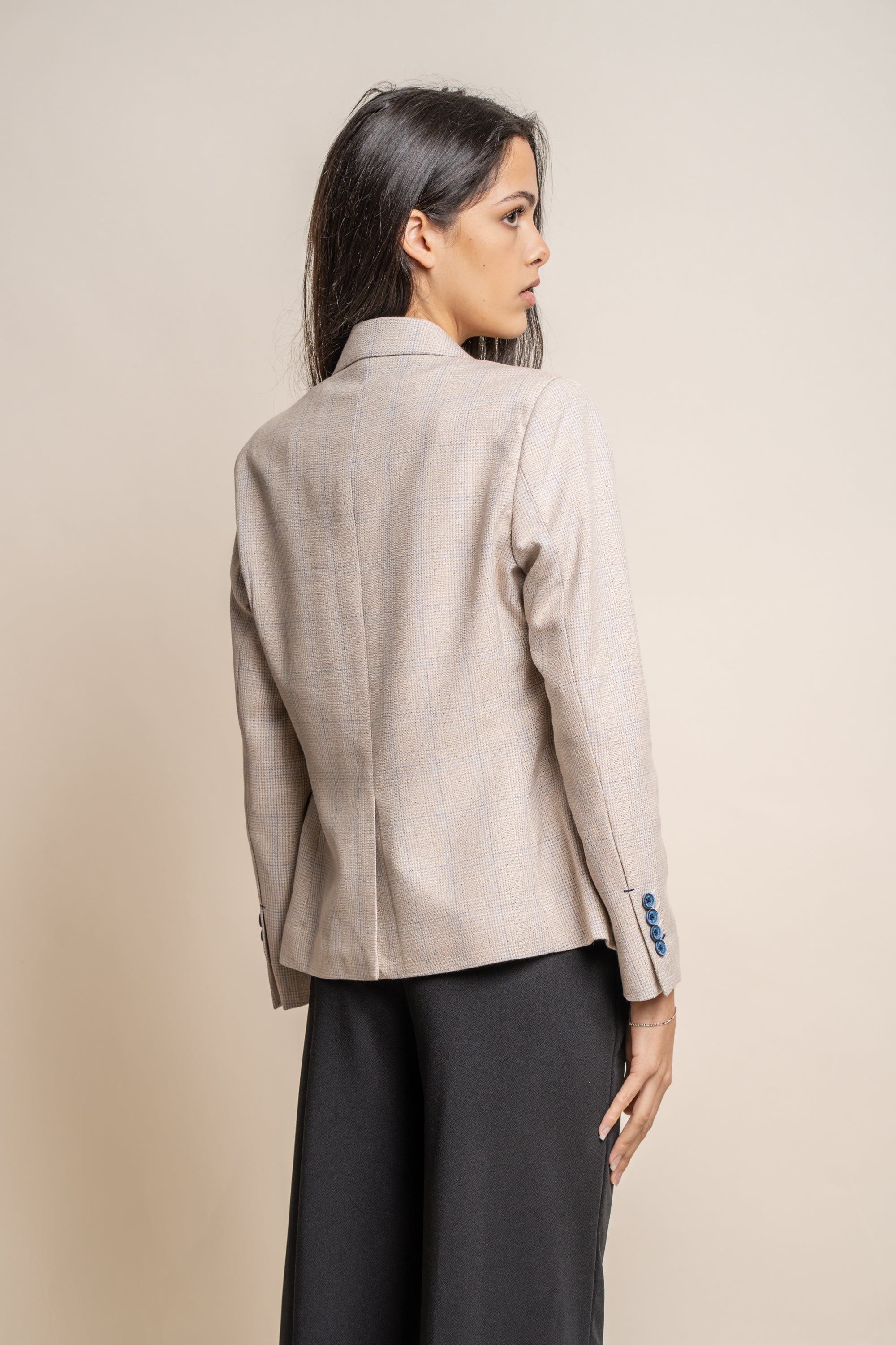 Women's Slim Fit Houndstooth Check Blazer - CARIDI - Beige