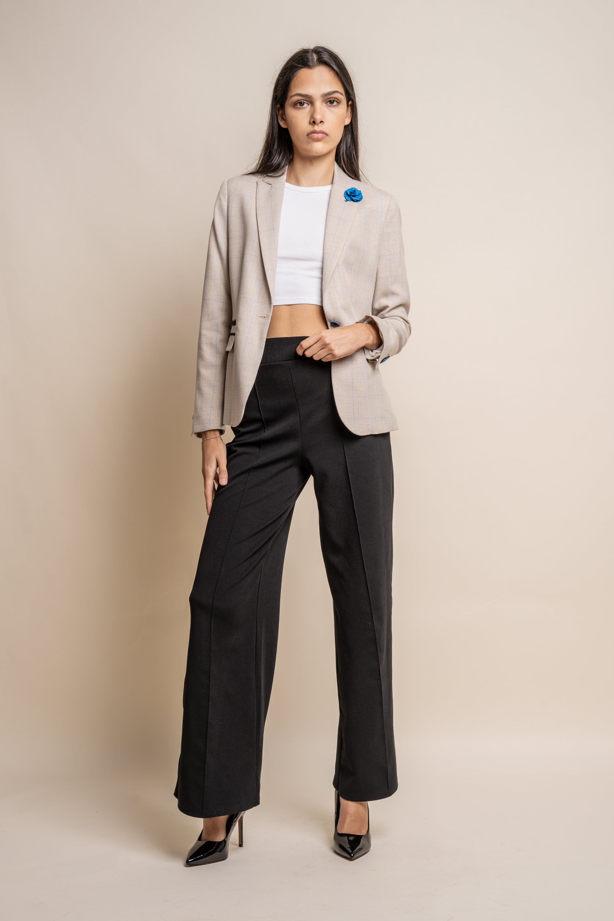 Women's Slim Fit Houndstooth Check Blazer - CARIDI - Beige