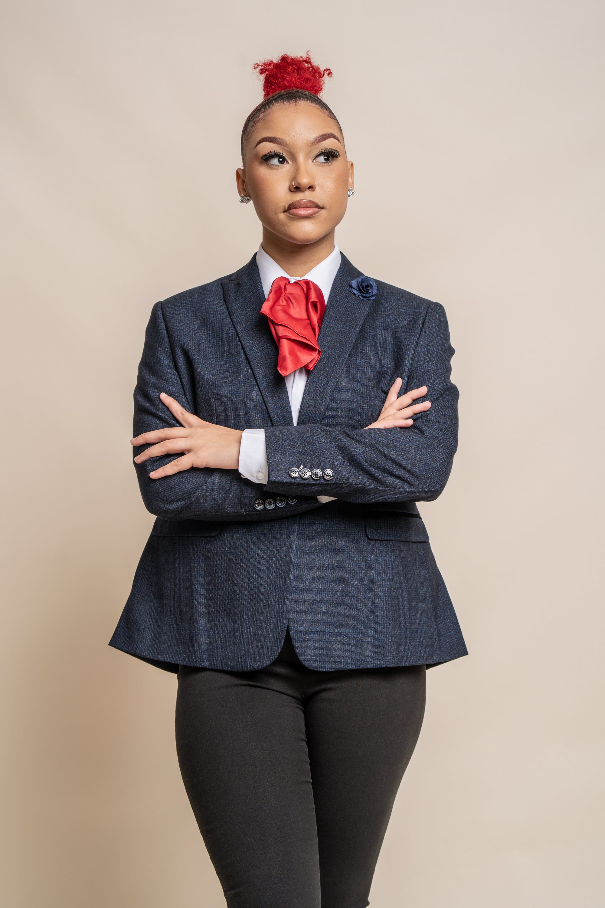Women's Slim Fit Houndstooth Check Blazer - CARIDI - Navy Blue