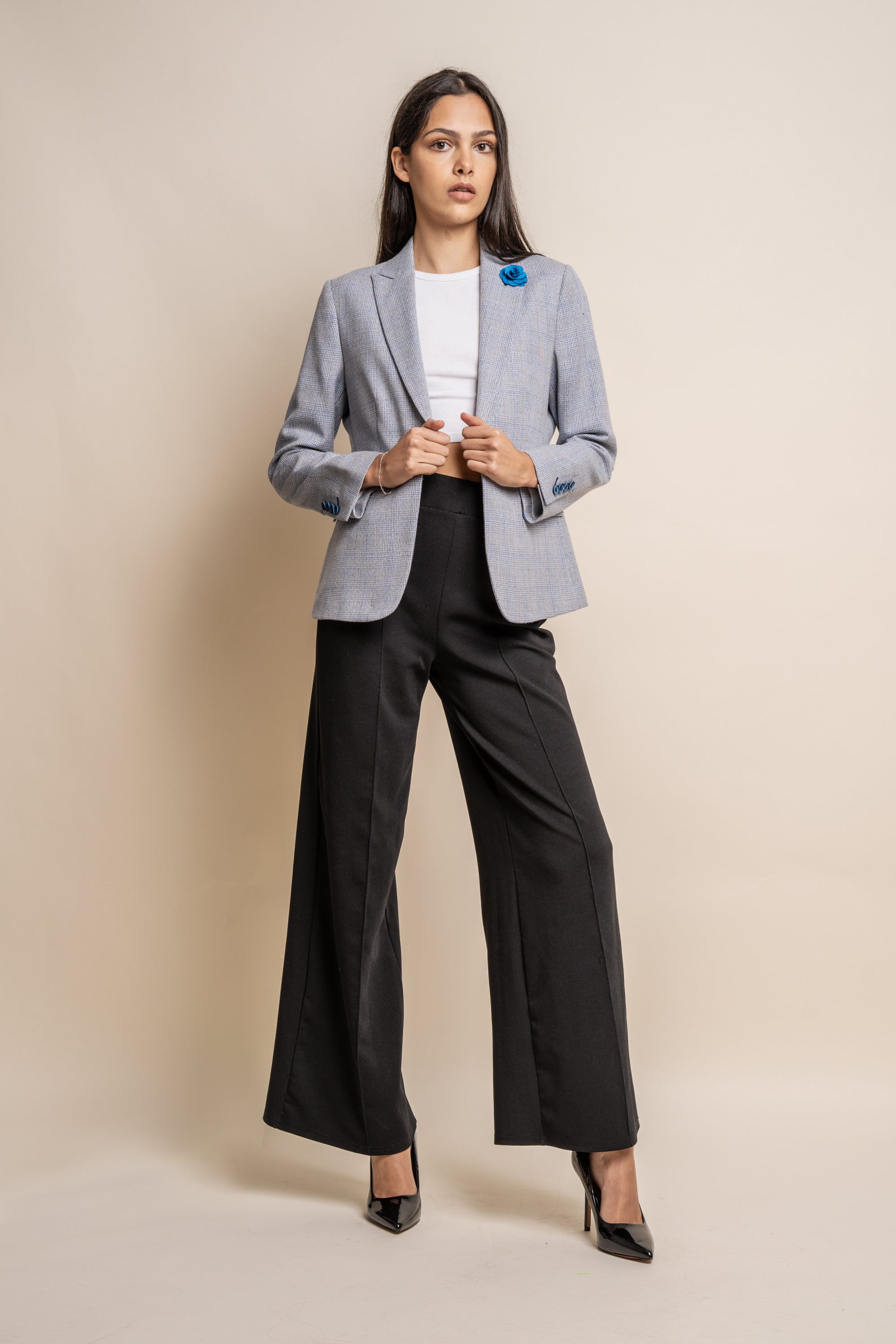 Women's Slim Fit Houndstooth Check Blazer - CARIDI - Sky Blue