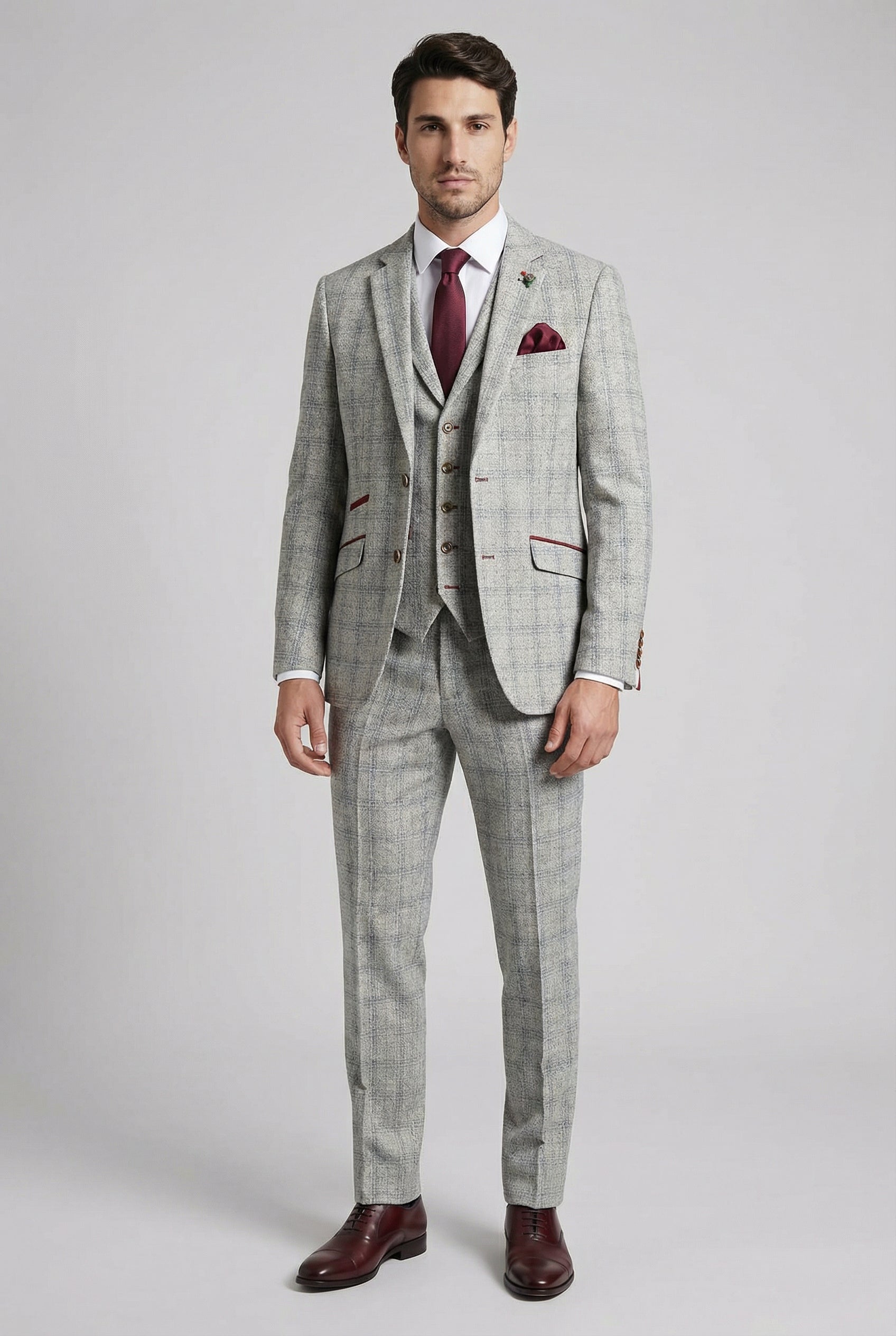 Herren Tweed Karo Slim Fit Grauer Anzug - ANDREW - Grau