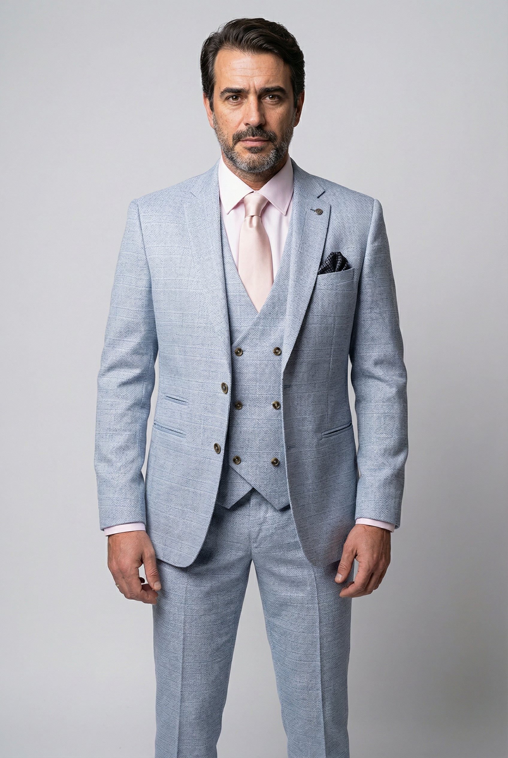 Ensemble costume trois pièces pour homme en tweed imitation Glen Check - Bleu clair