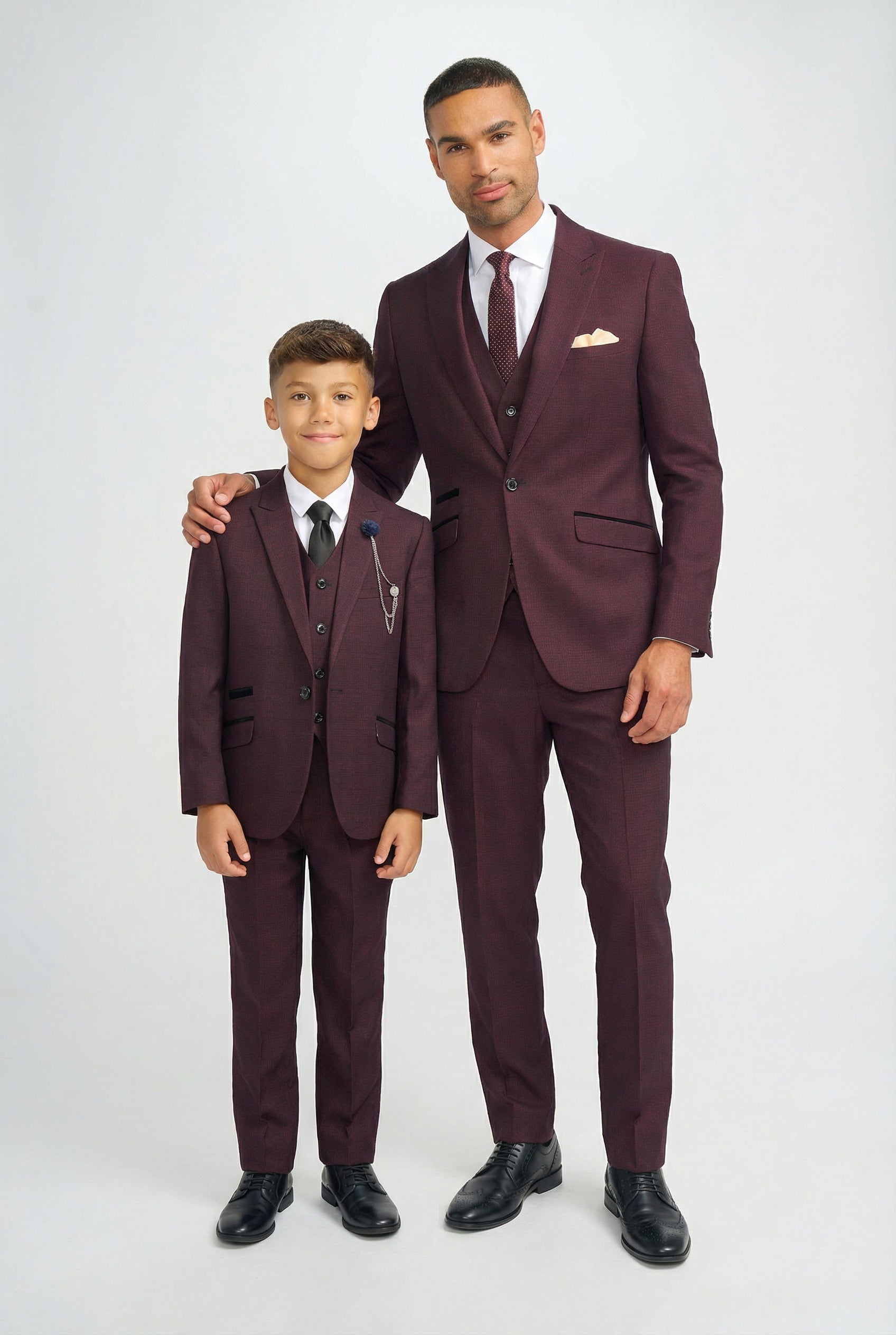 Father & Son Matching Glen Check Wool Tweed 3-Piece Suit Set - Caridi Wine