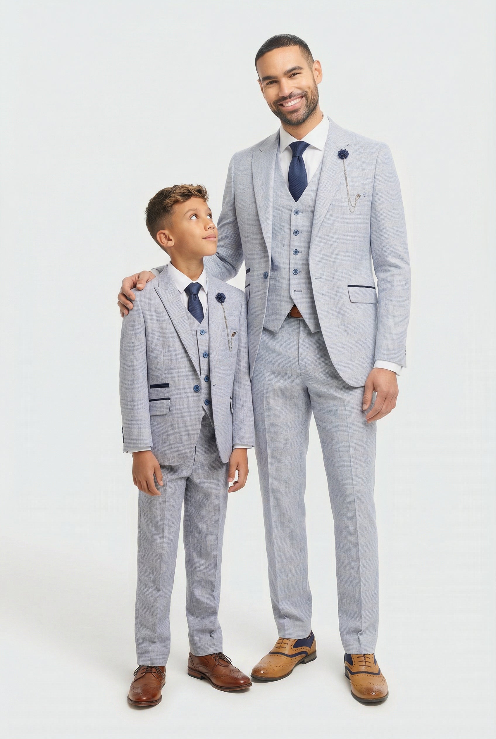 Father & Son Matching Glen Check Wool Tweed 3-Piece Suit Set - Caridi  - Sky Blue