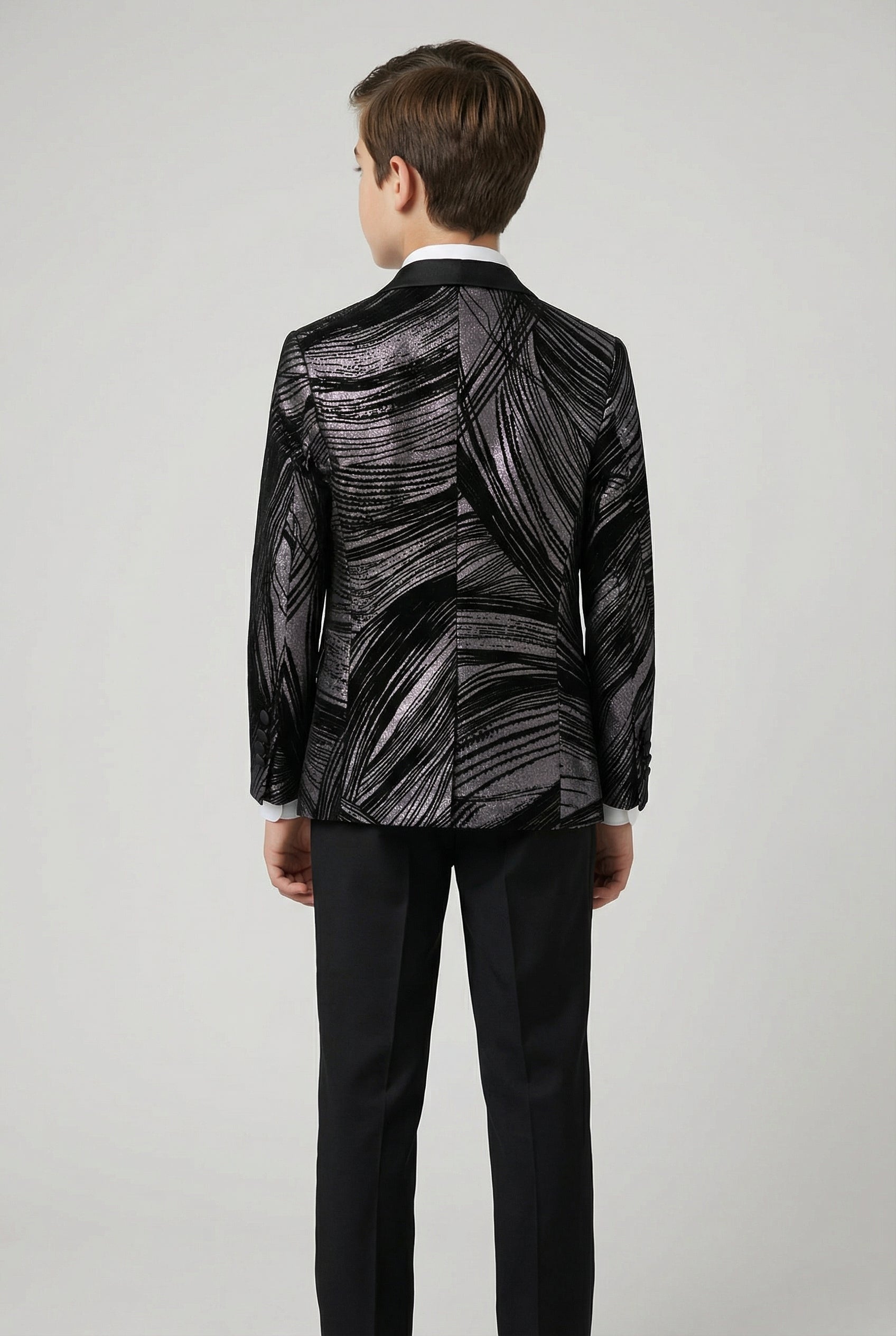 Boys 5-Piece Metallic Jacquard Tuxedo Suit - Black and Silver Back Picture