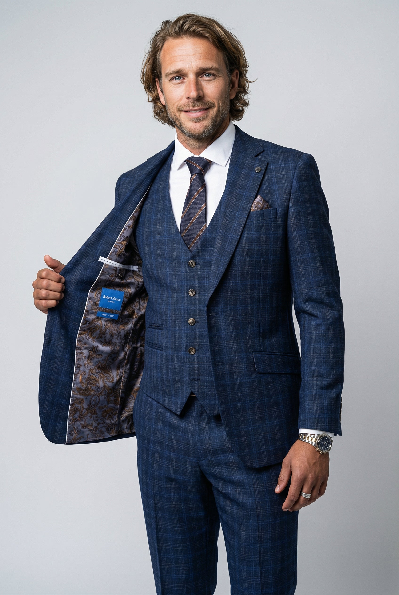 Men’s 3-Piece Windowpane Check Suit - Marcos - Navy Linning Picture