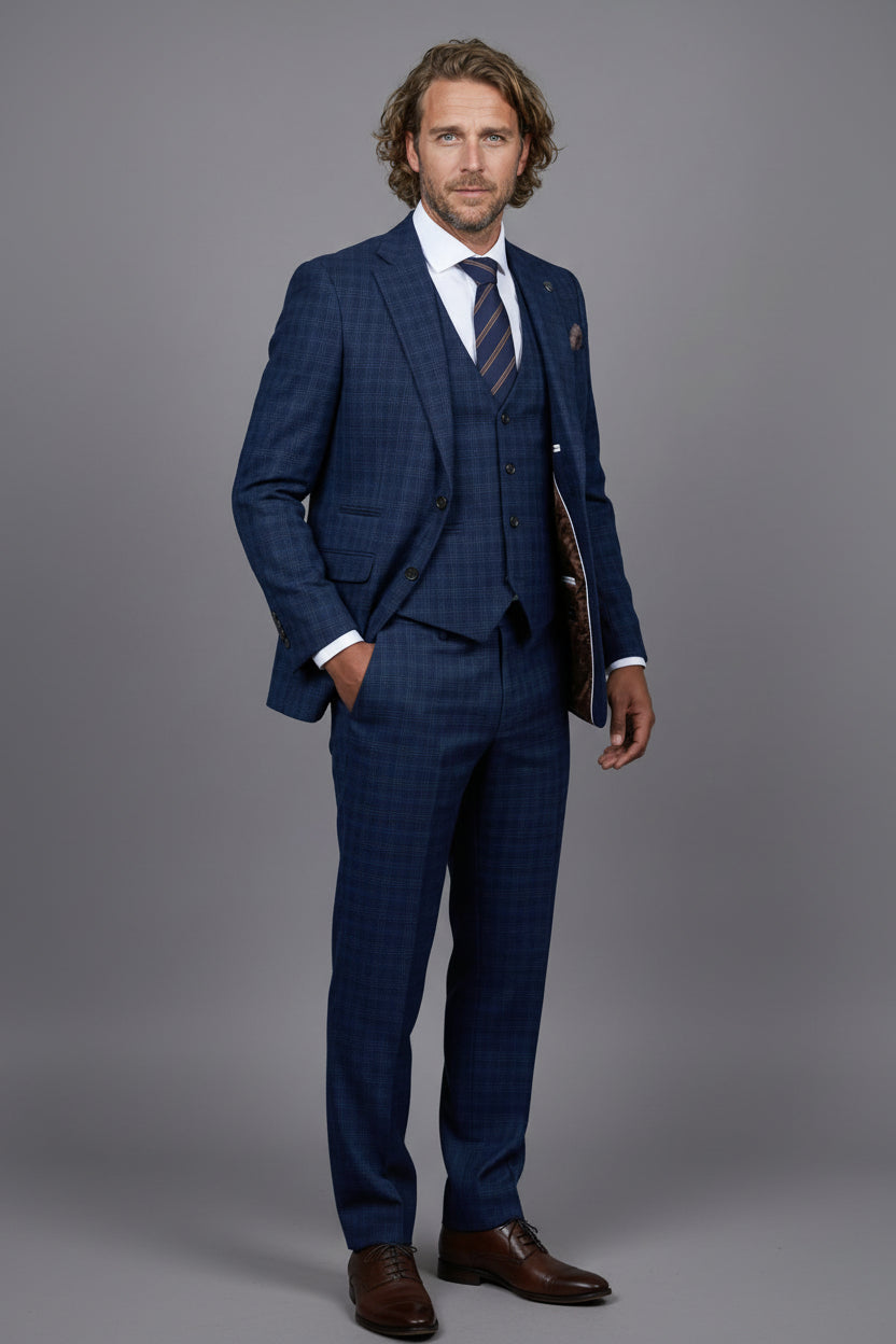 Men’s 3-Piece Windowpane Check Suit - Marcos - Navy Model Side Picture