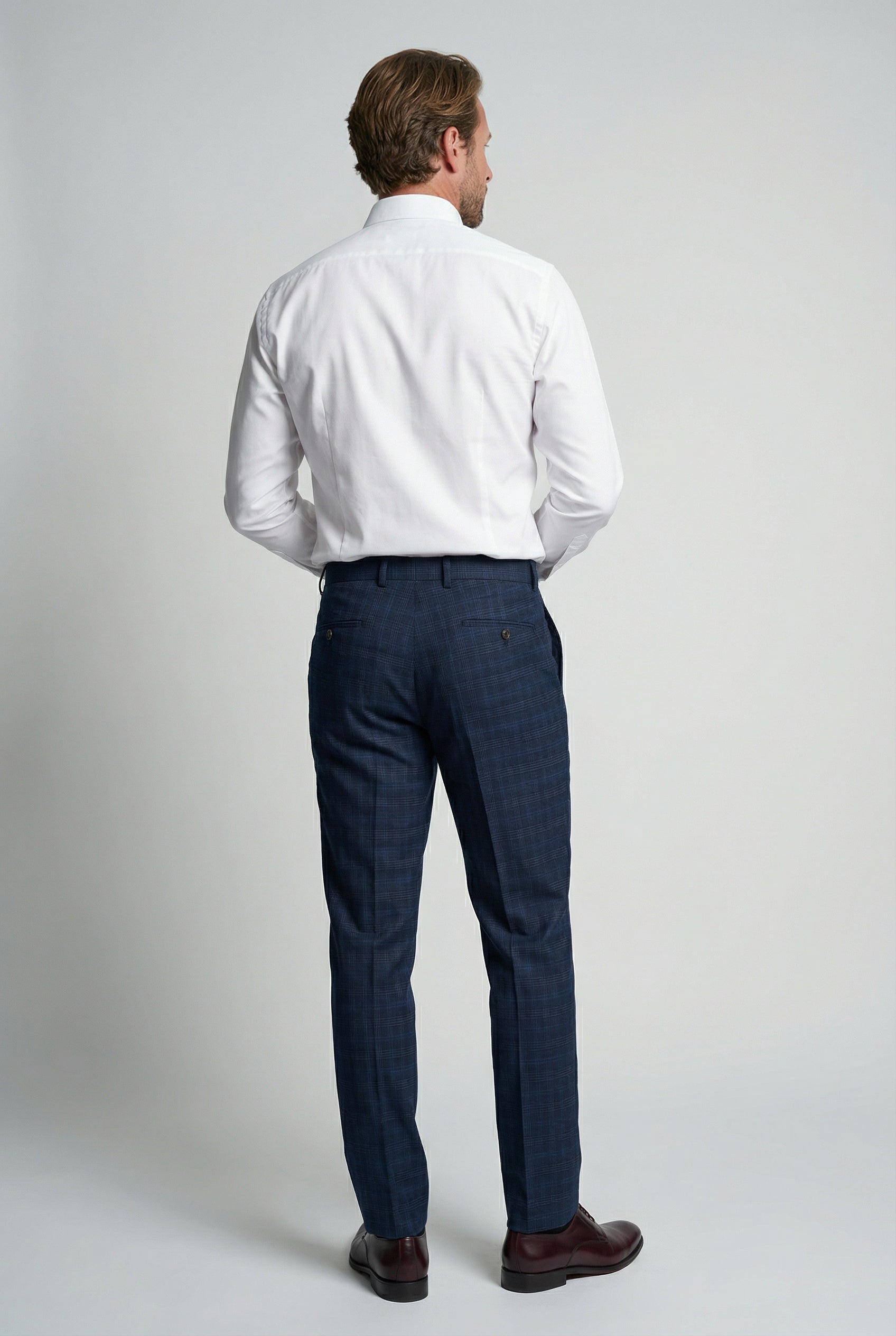 Men’s 3-Piece Windowpane Check Suit - Marcos - Navy Model Back Picture with trousers