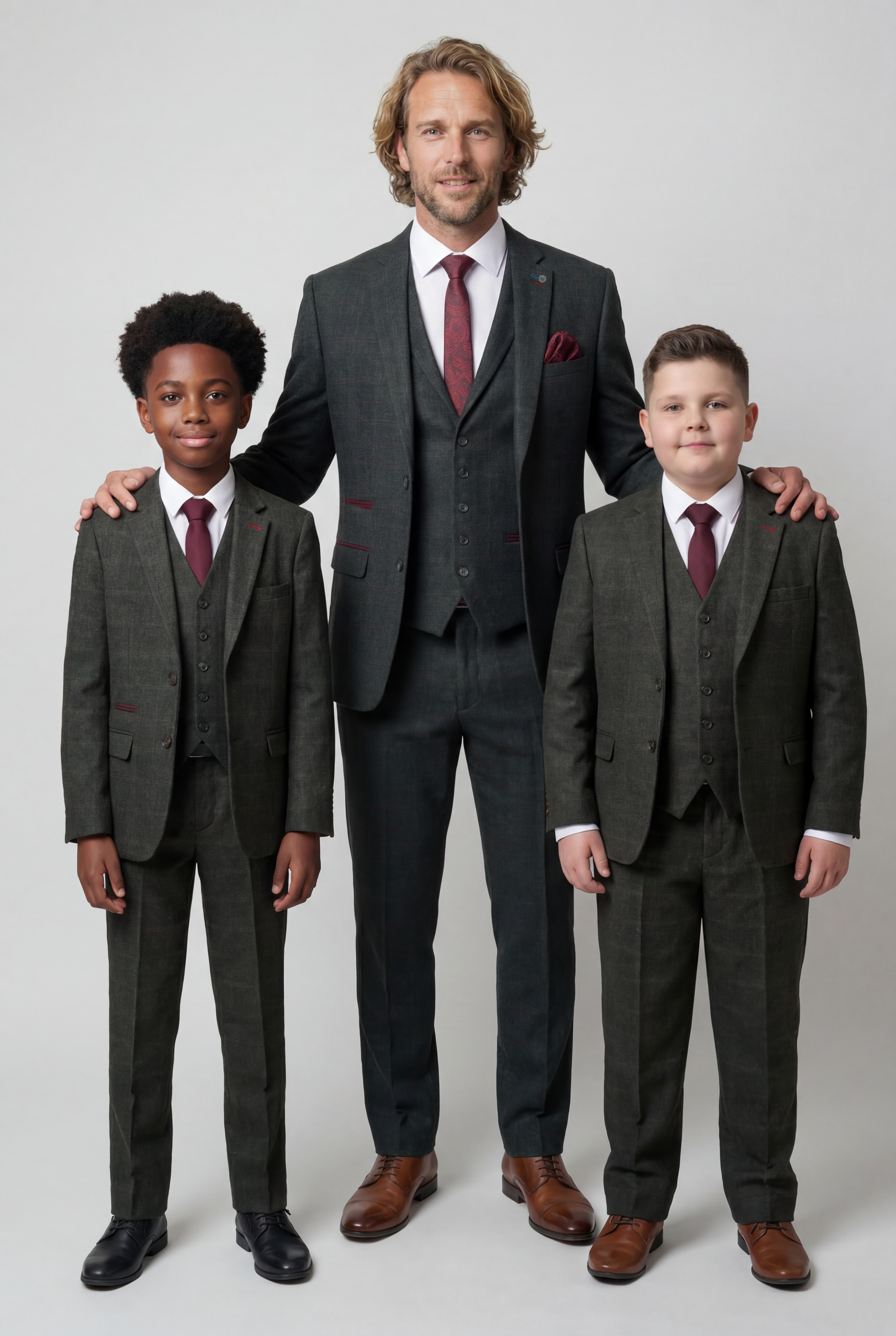 Father & Son Matching Windowpane Check Wool Tweed 3-Piece Suit Set - Joshua - Dark Green