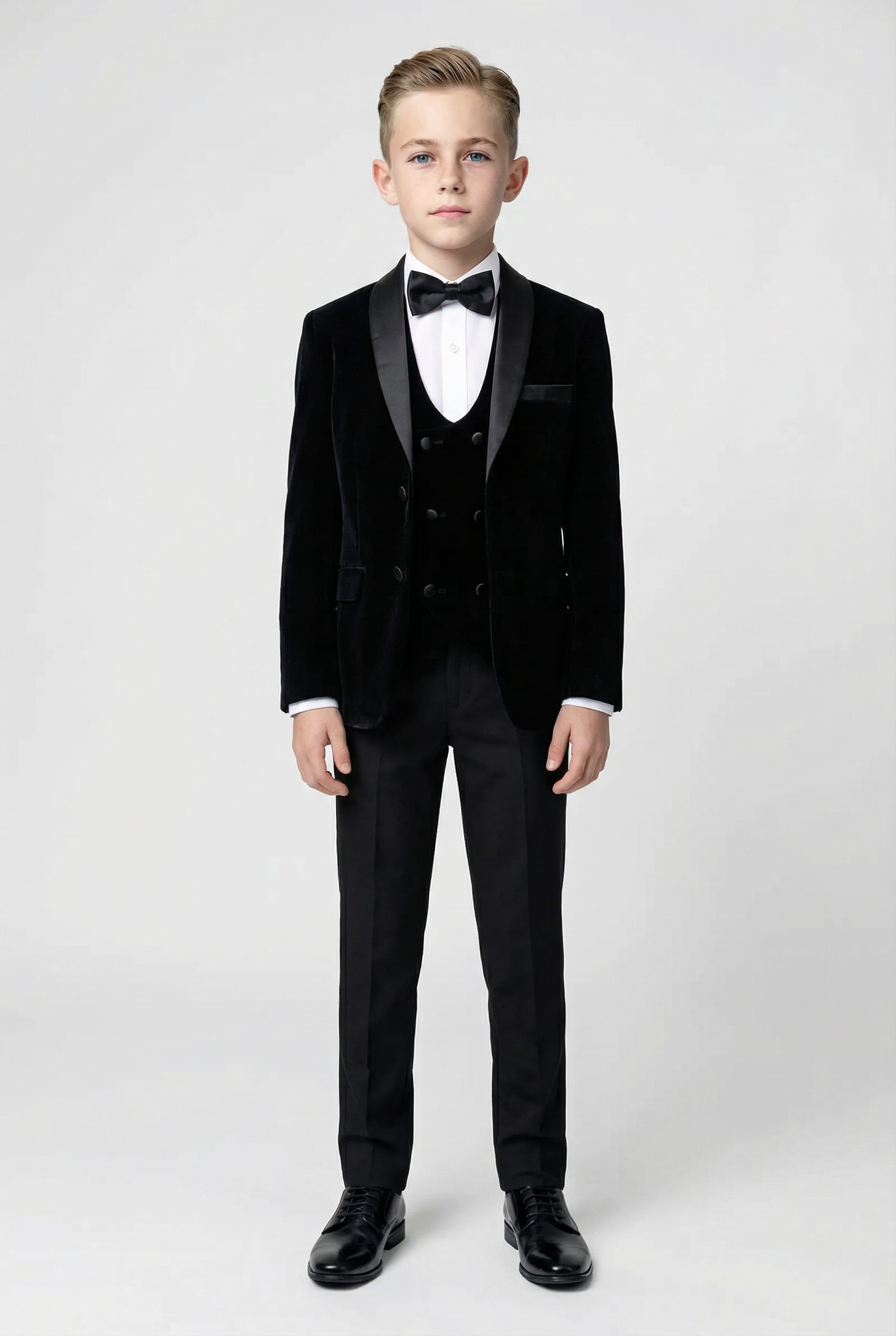 Boys Velvet Tuxedo Suit with Double-breasted Vest - Black