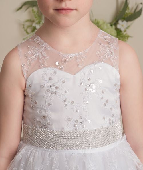 Robe en sequins et dentelle blanche avec dos corseté pour filles - NANCY - Blanc