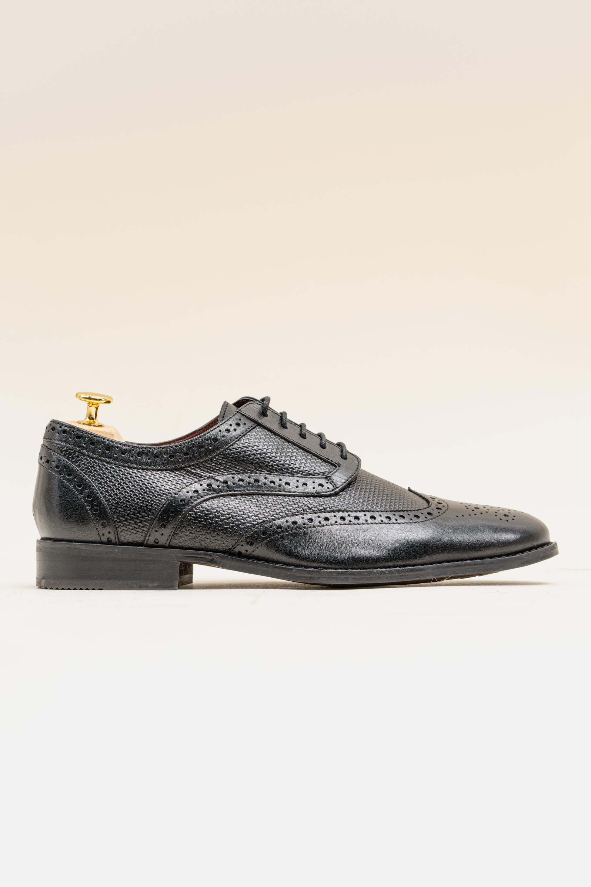 Men's Genuine Leather Wingtip Brogue Shoes - ORLEANS - Black