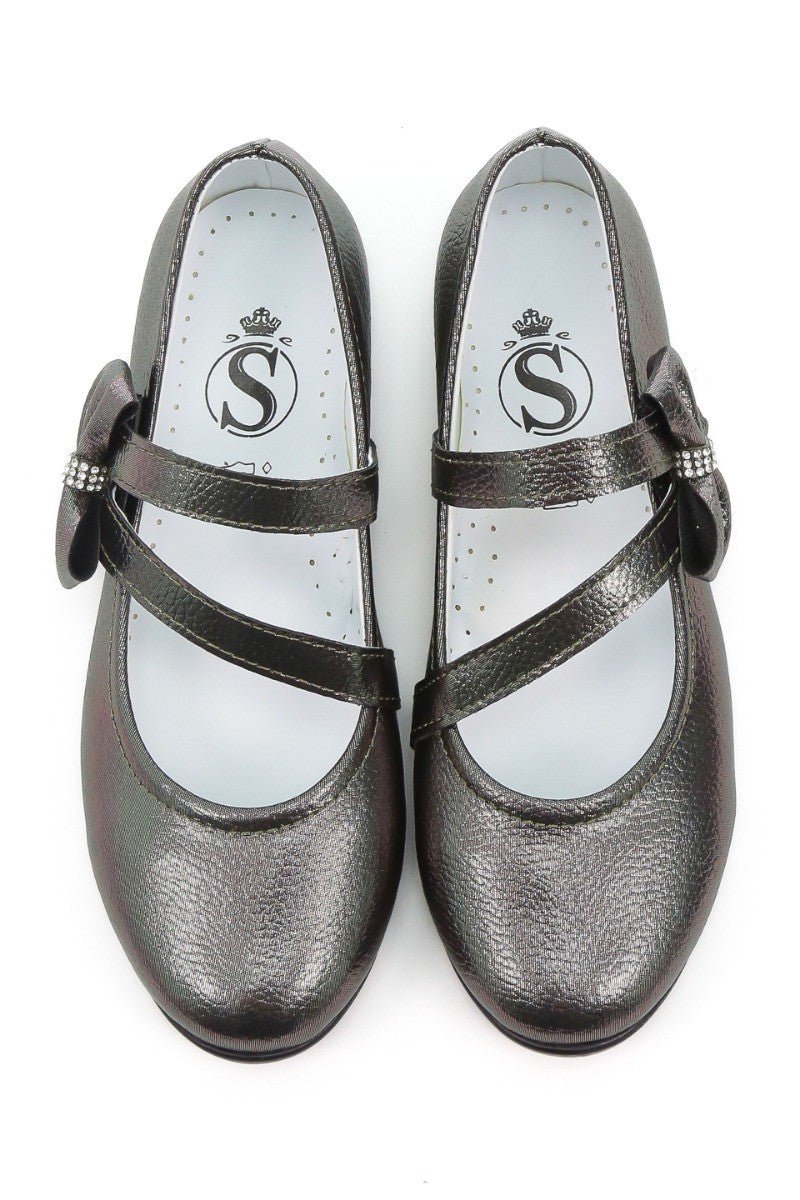 Girls Mary Jane Bow Flat Dress Shoes -MAYA - Metallic Silver