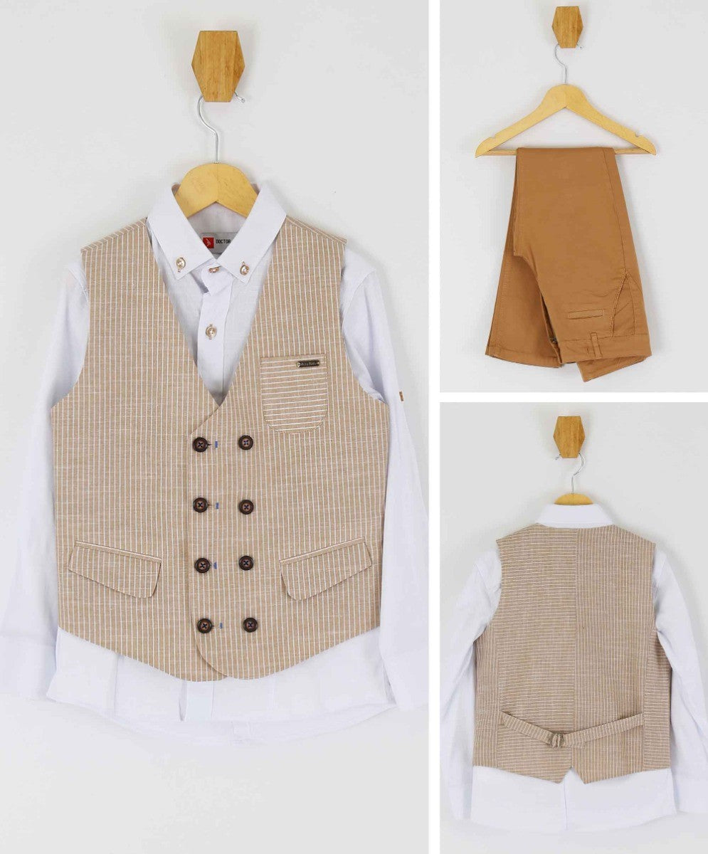 Jungen Baumwoll Leinen Nadelstreifen Westenanzug-Set - Beige