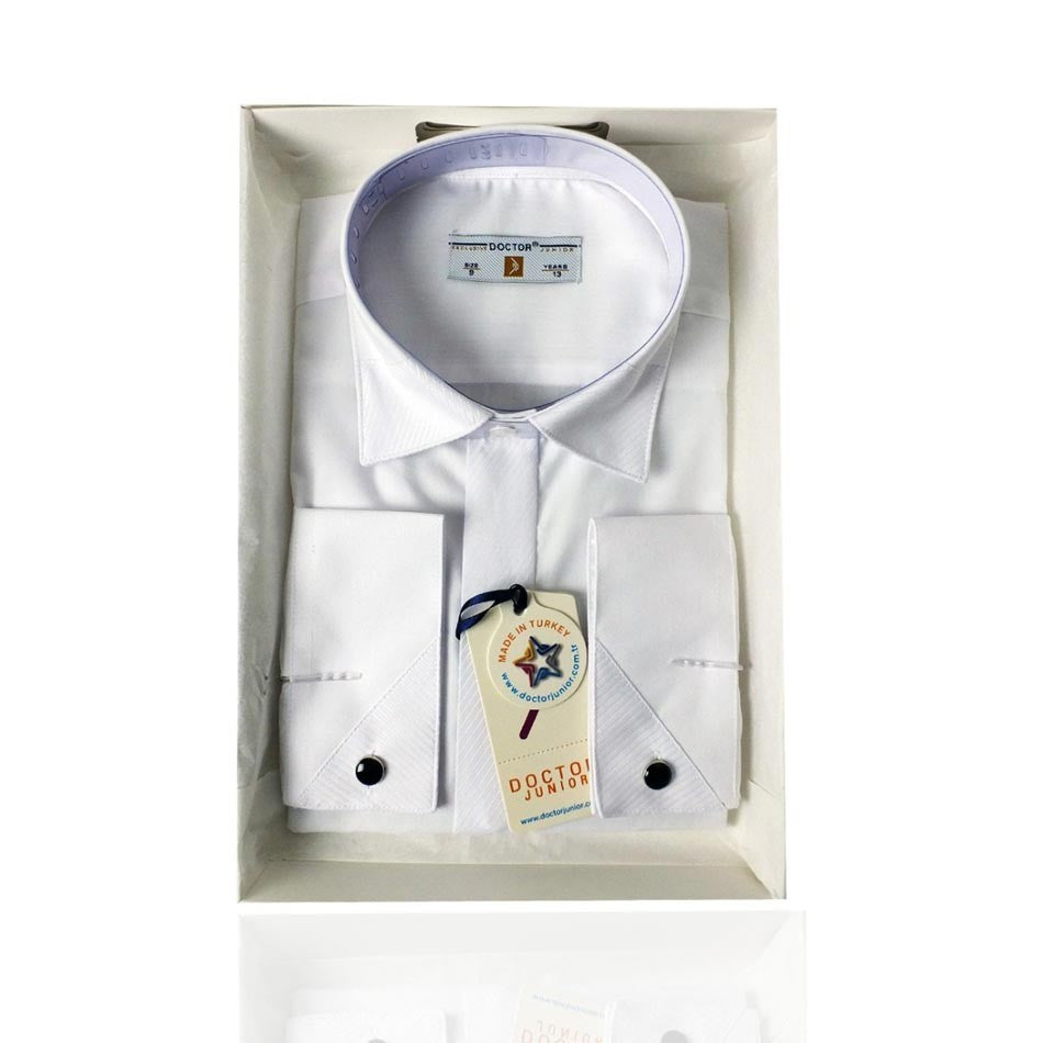 Chemise à Col Classique avec Boutons de Manchette pour Garçons - Blanc