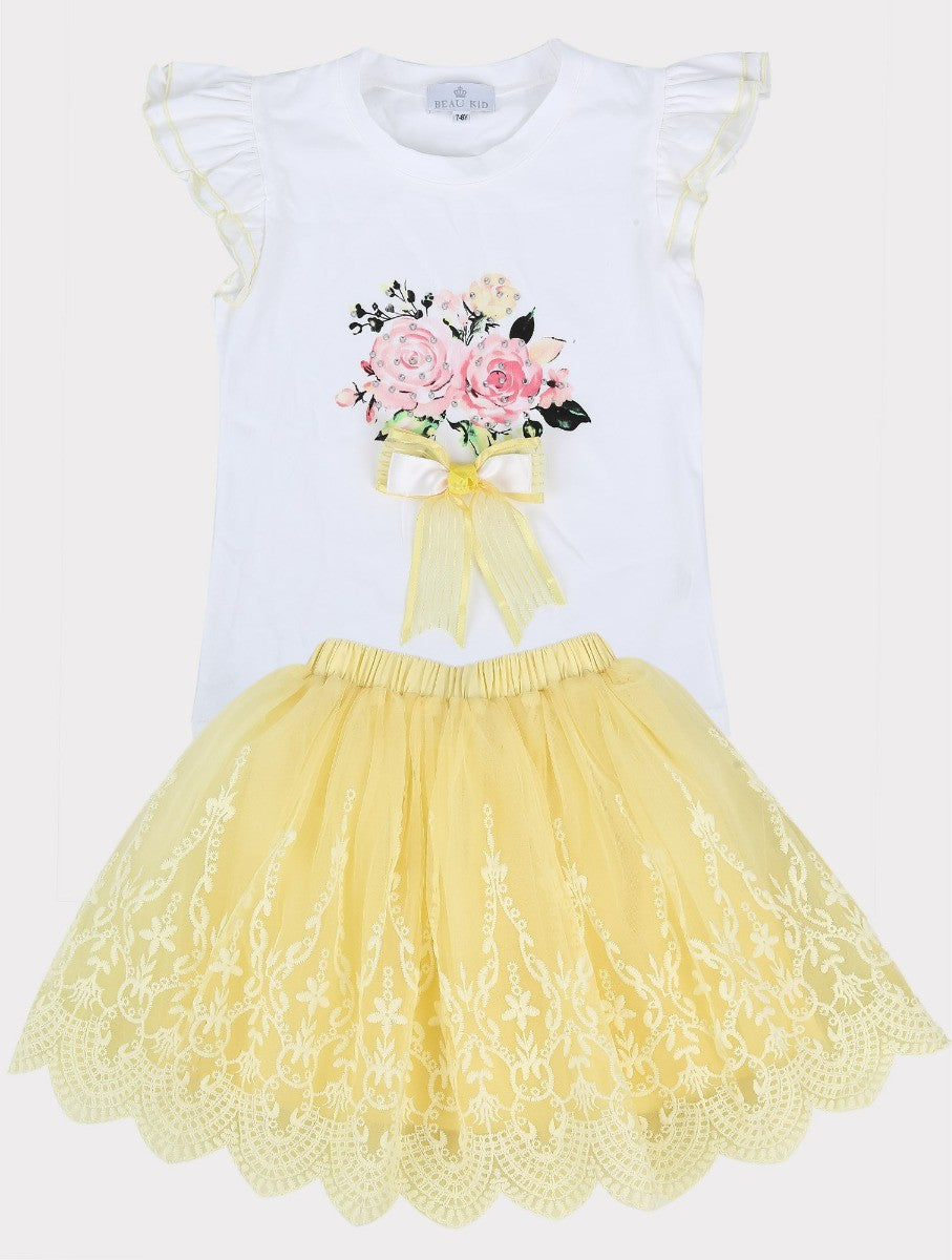 Ensemble Jupe en Tulle à Motifs Floraux et T-Shirt pour Filles - Jaune