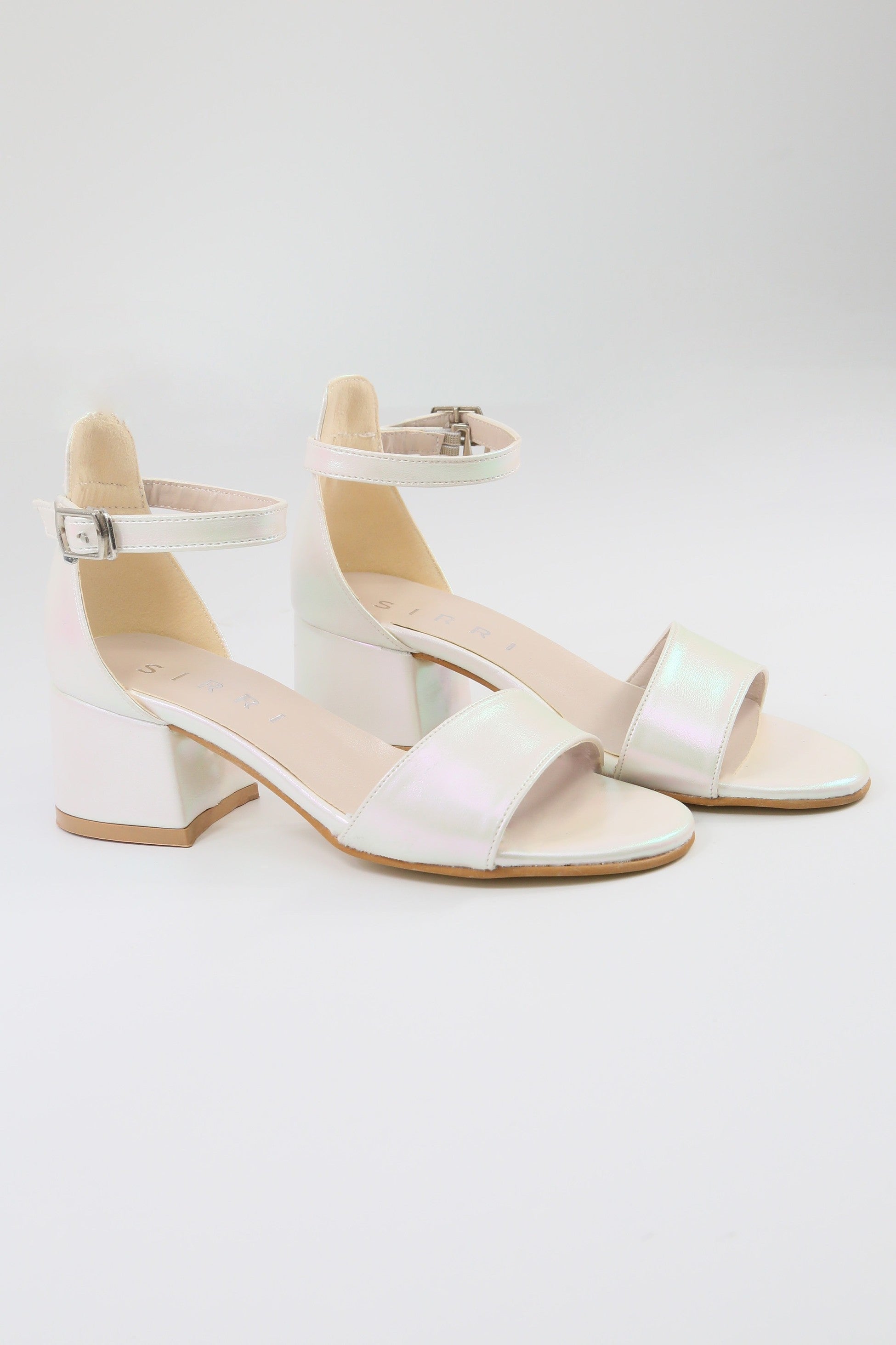 Girls Ankle-Strap Iridescent Block Heels Sandals - GRACE - Ivory