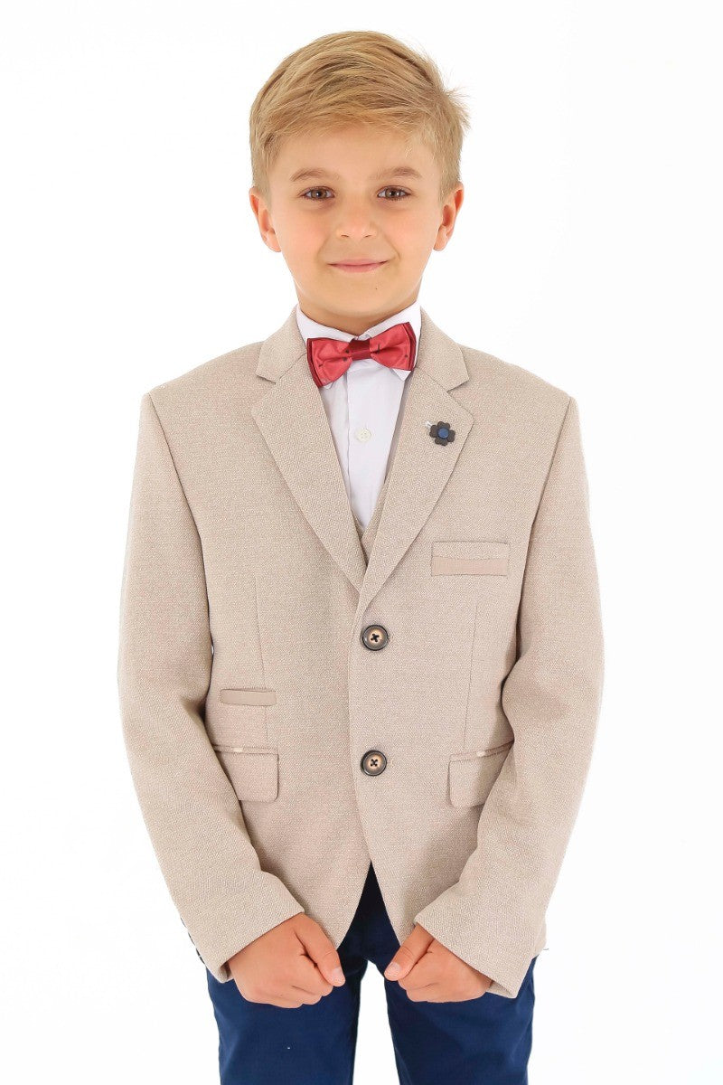 Boys Cotton Slim Fit Blazer and Waistcoat Set - Frank - Beige