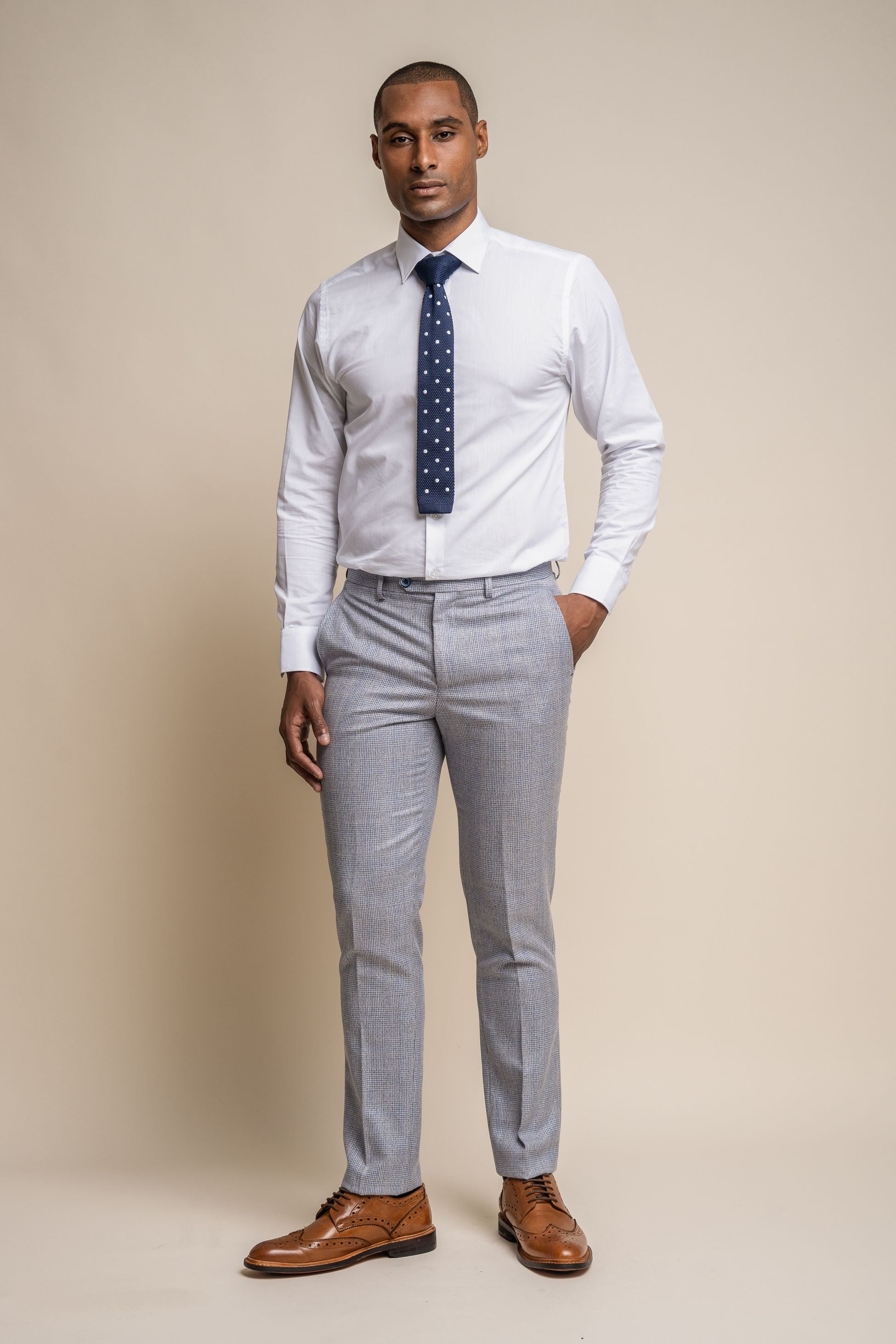 Men's Tweed Houndstooth Check Slim Fit Trousers - CARIDI - Blue