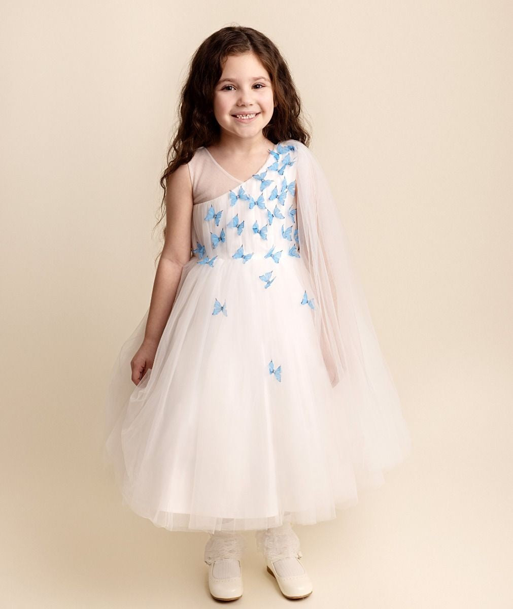 Girls Tulle Dress with Butterfly Appliques - PARIS - Blue