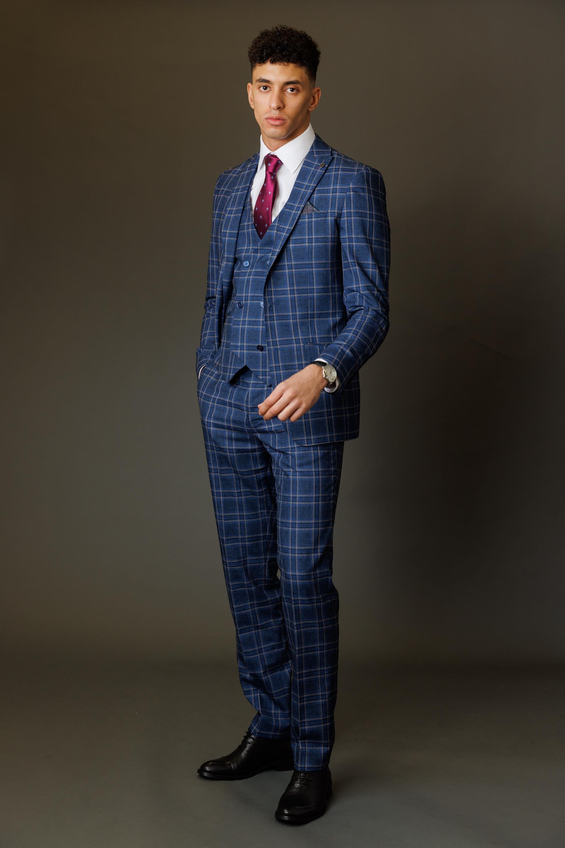 Men's Windowpane Check Slim Fit Suit - BLAKE - Navy Blue