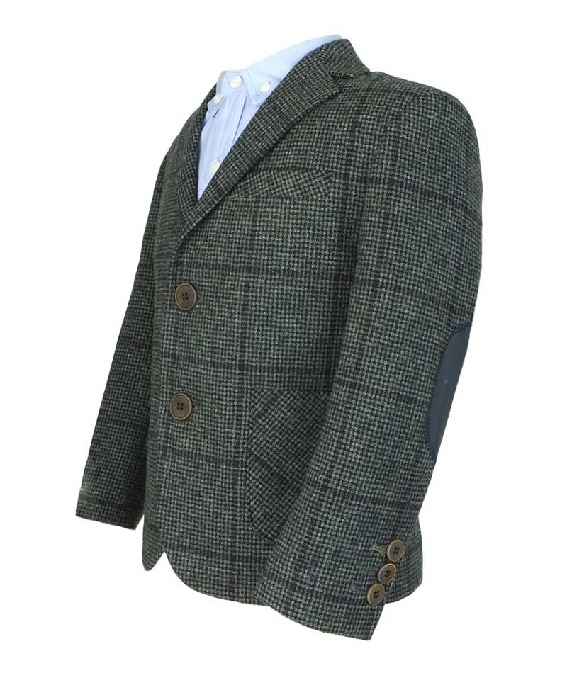 Boys Herringbone Windowpane Wool Suit - Grey