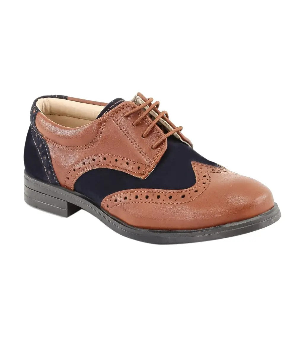 Chaussures Derby Brogue en Cuir Verni et Suède pour Garçons - Marron Clair - Bleu Marine