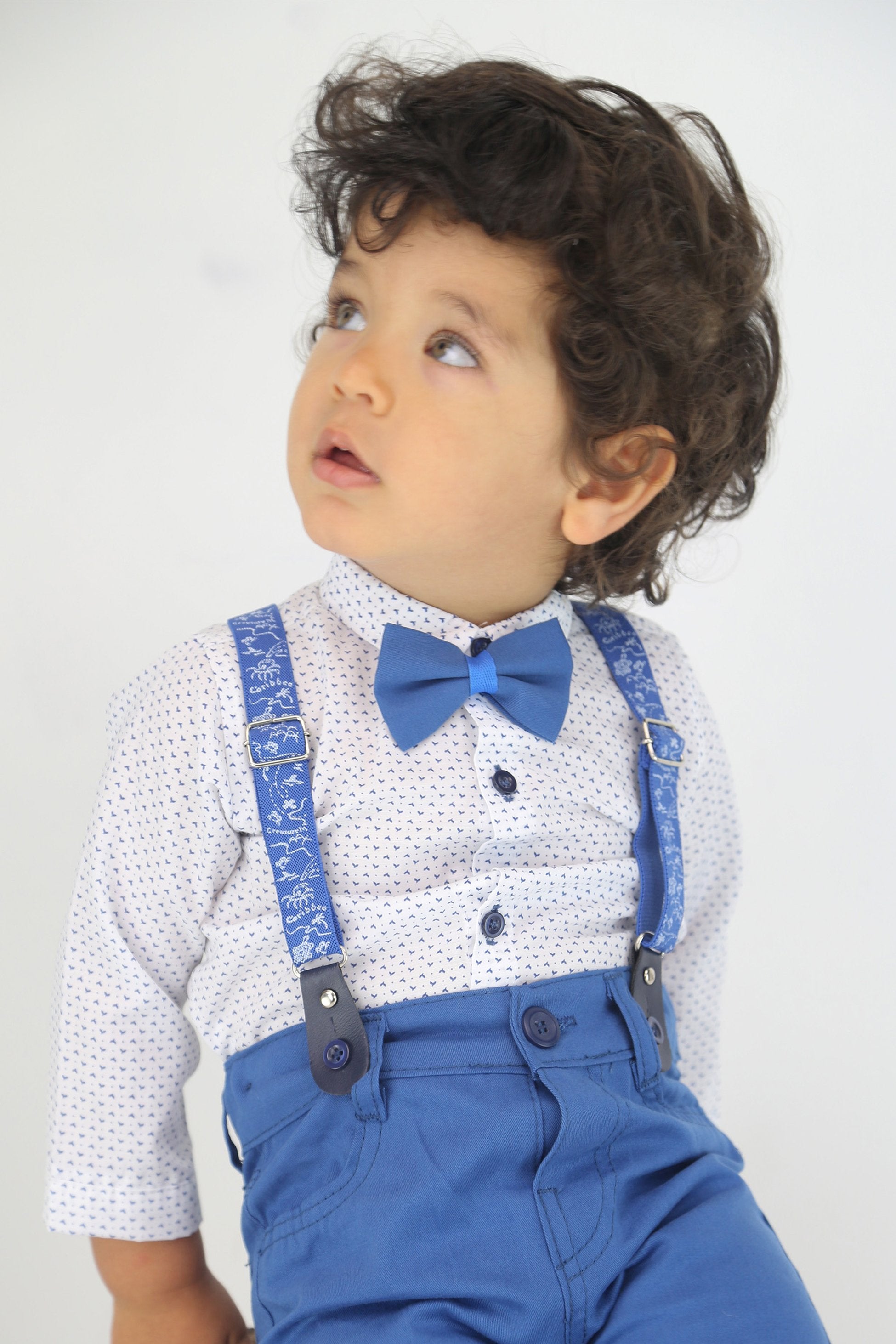 Baby Jungen Gentleman Outfit - 4-teilige Hosensatz mit Trägern - BIRD - Blau