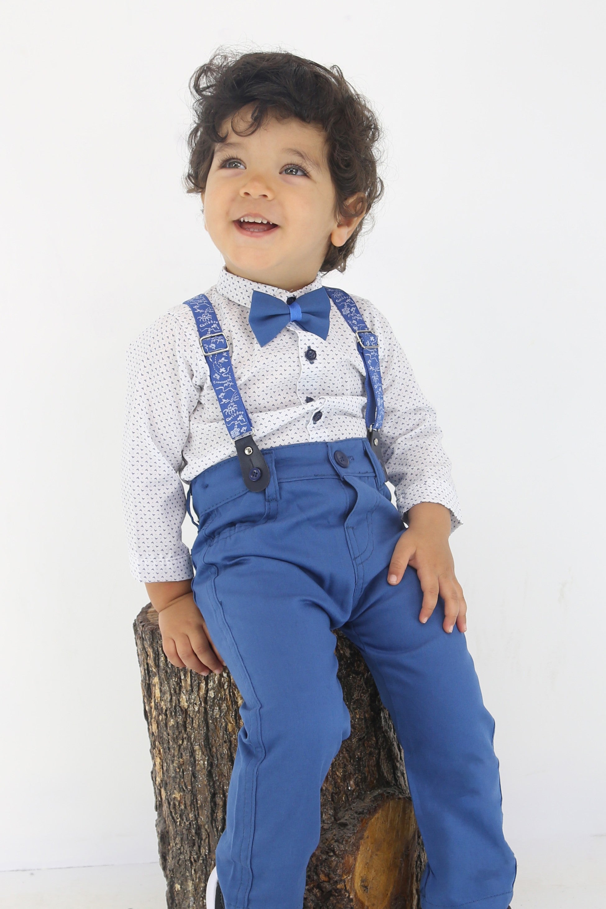 Baby Jungen Gentleman Outfit - 4-teilige Hosensatz mit Trägern - BIRD - Blau