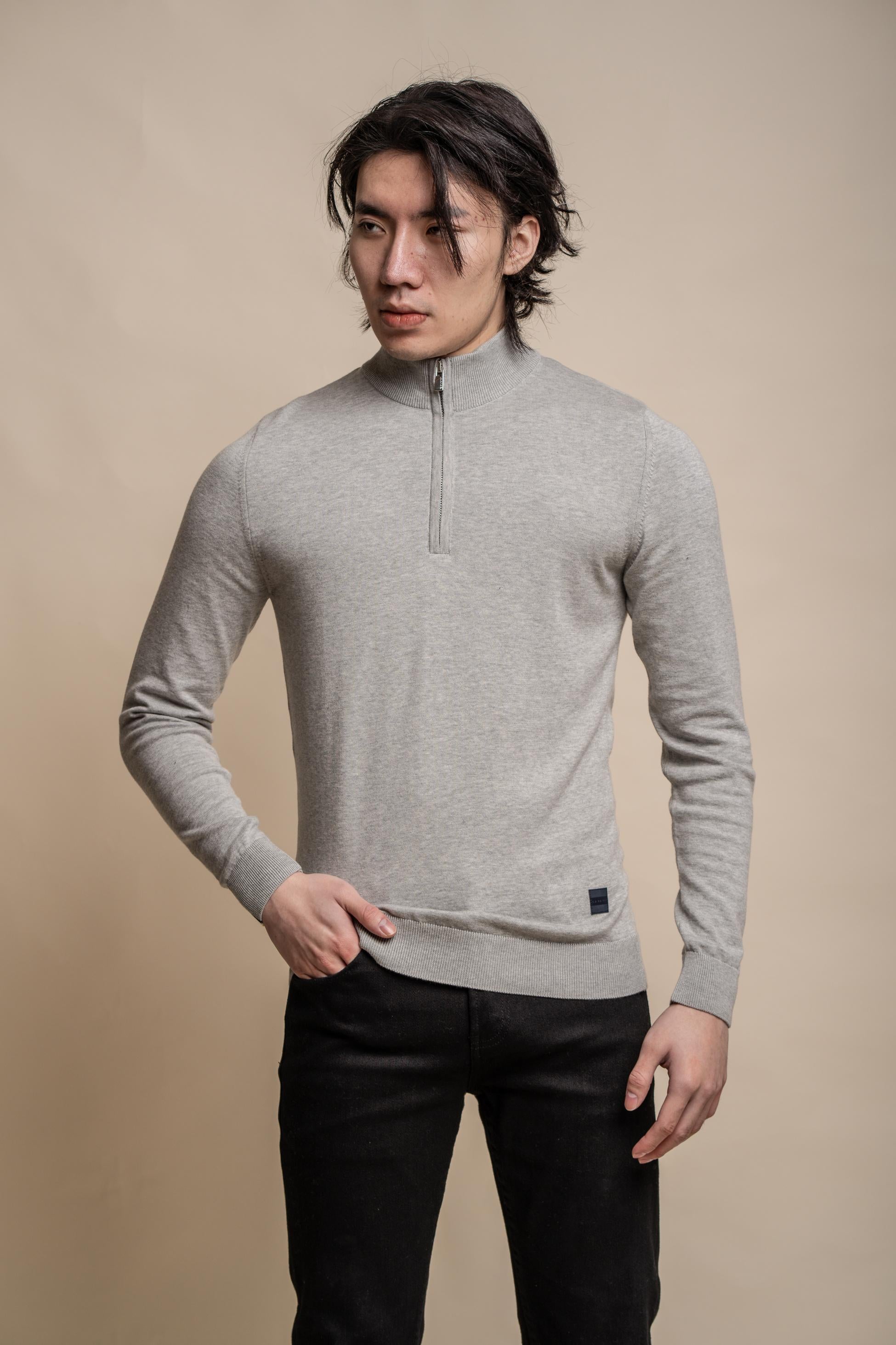 Pull en coton décontracté à demi-zip pour hommes - AVANTI - Gris