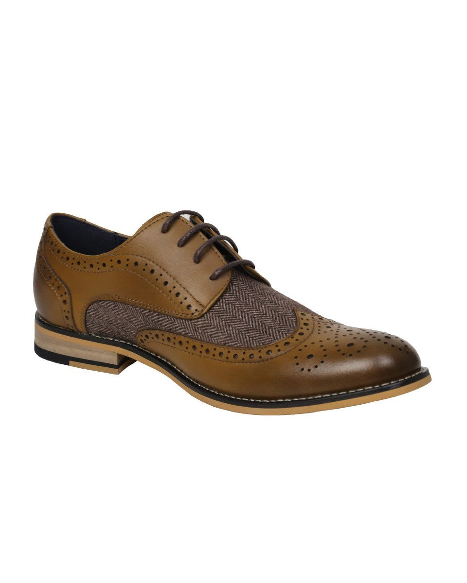 Herren Schnürsenkel Tweed Leder Brogue Schuhe - HORATIO - Hellbraun