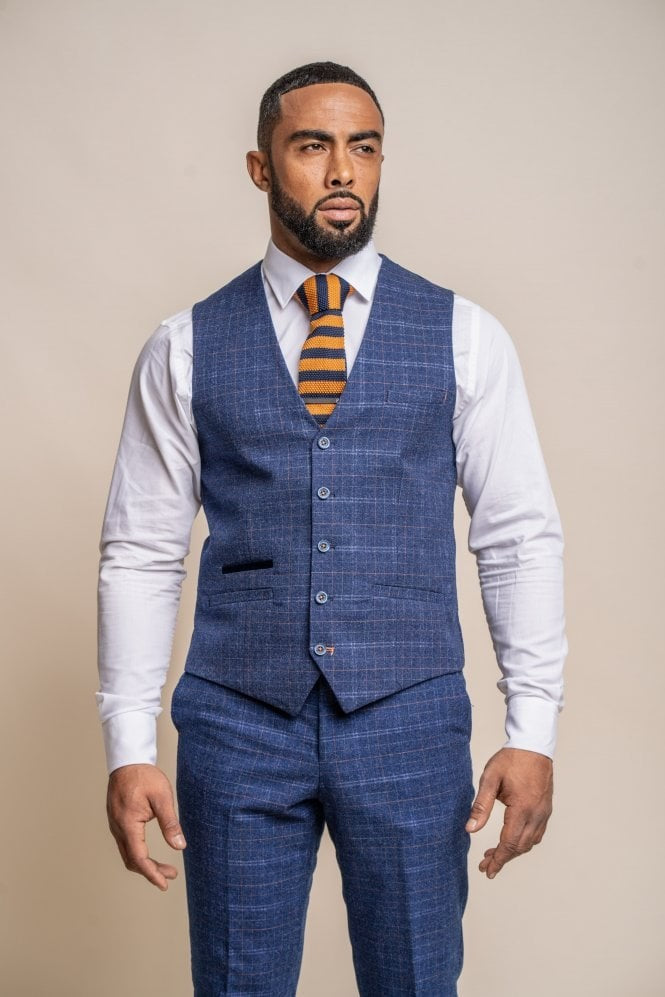 Men's Tweed Check Navy Slim Fit Waistcoat - KAISER - Navy Blue