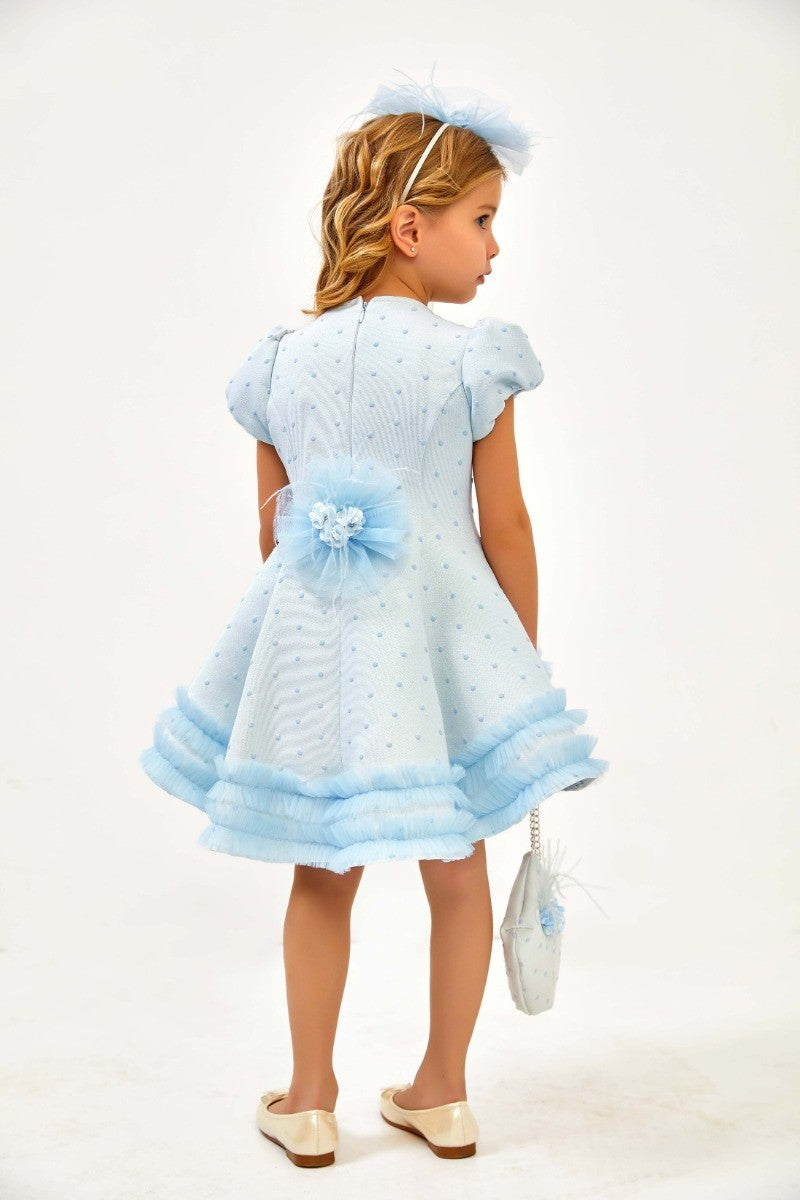 Blumenmädchen Gepunktetes 3-teiliges Kleid-Set - Babyblau