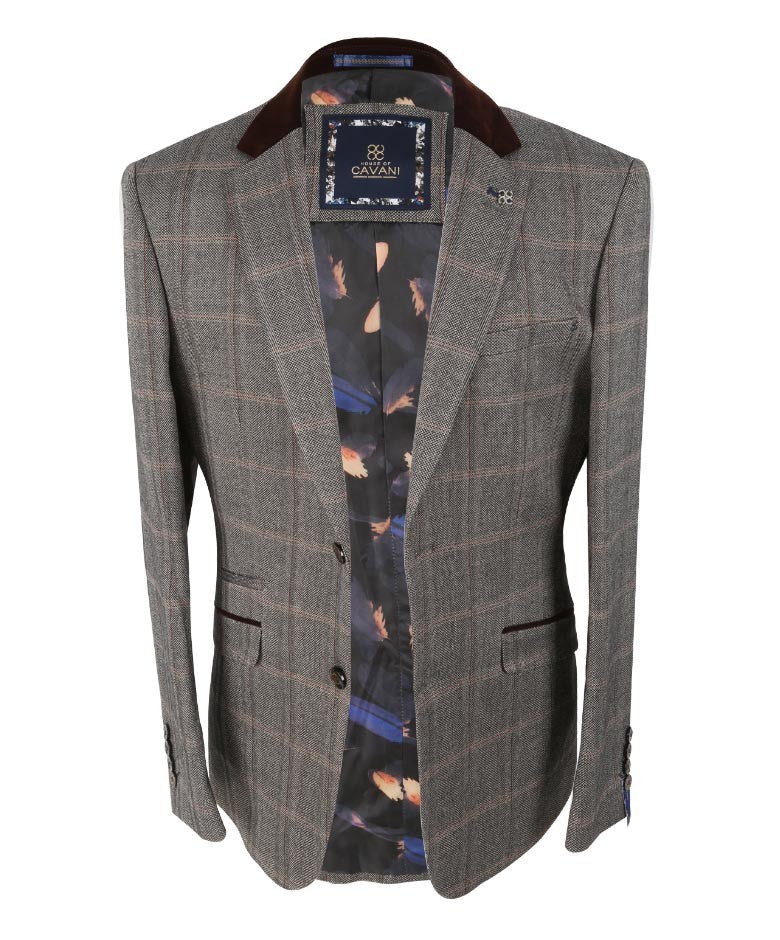 Herren Slim Fit Tweed Karo Retro Anzug - Connall Braun - Braun