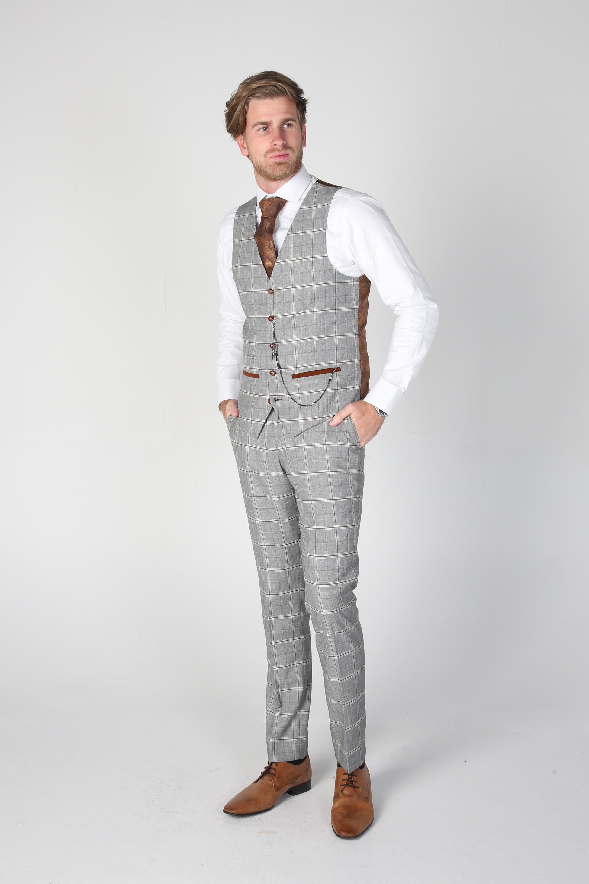 Men's Windowpane Check Grey Waitcoat - FRANCIS - Grey