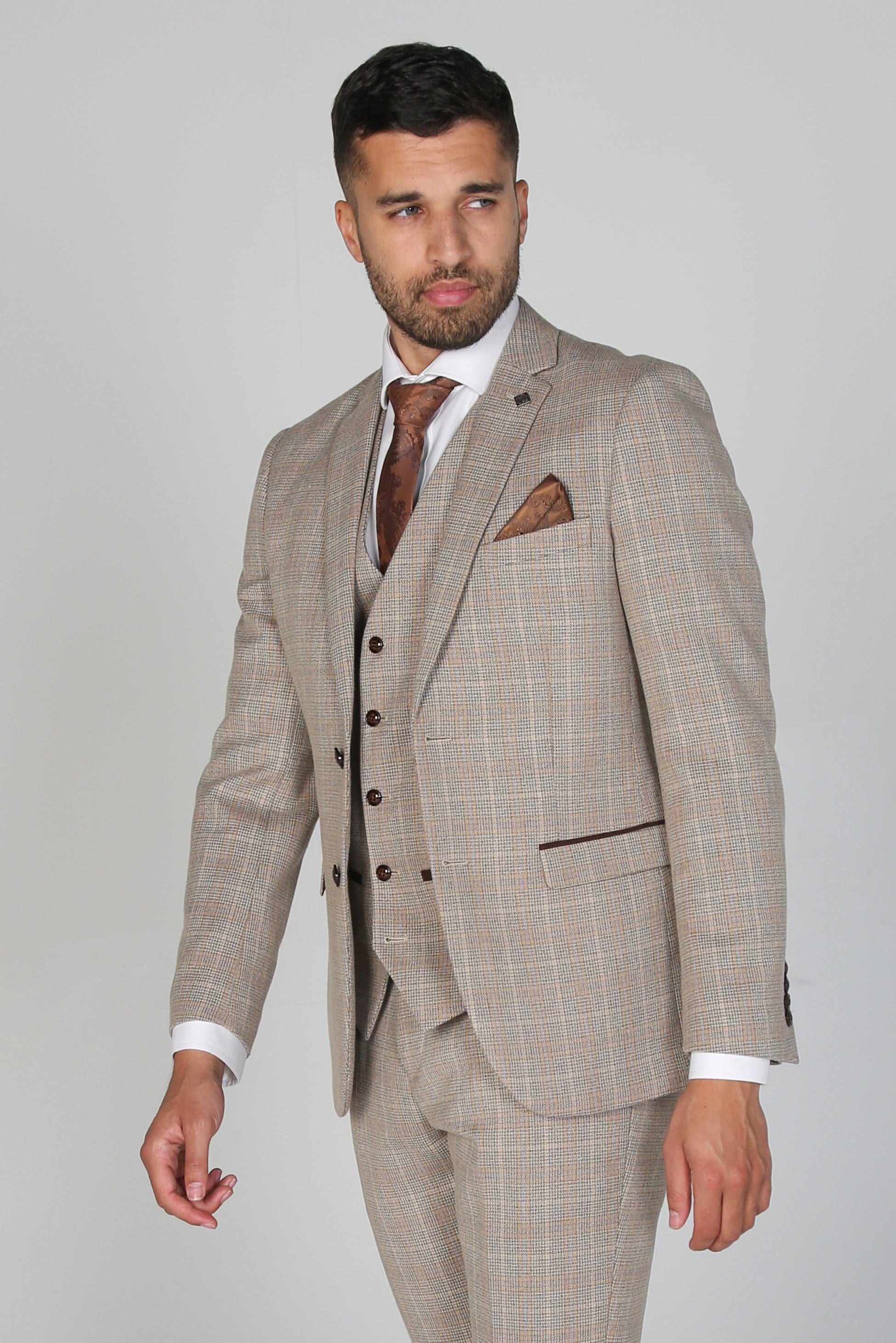 Men's Houndstooth Tweed Check Suit Jacket - HOLLAND - Beige