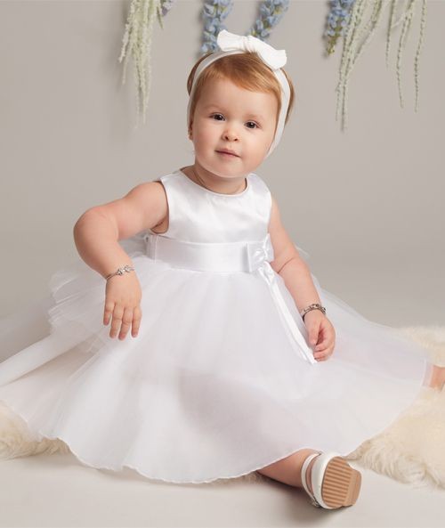 Baby Mädchen Taufkleid mit Satin Schleife - K038 - Weiß