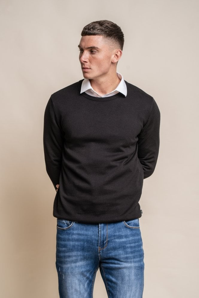 Pull en coton ajusté à col rond pour hommes - Noir