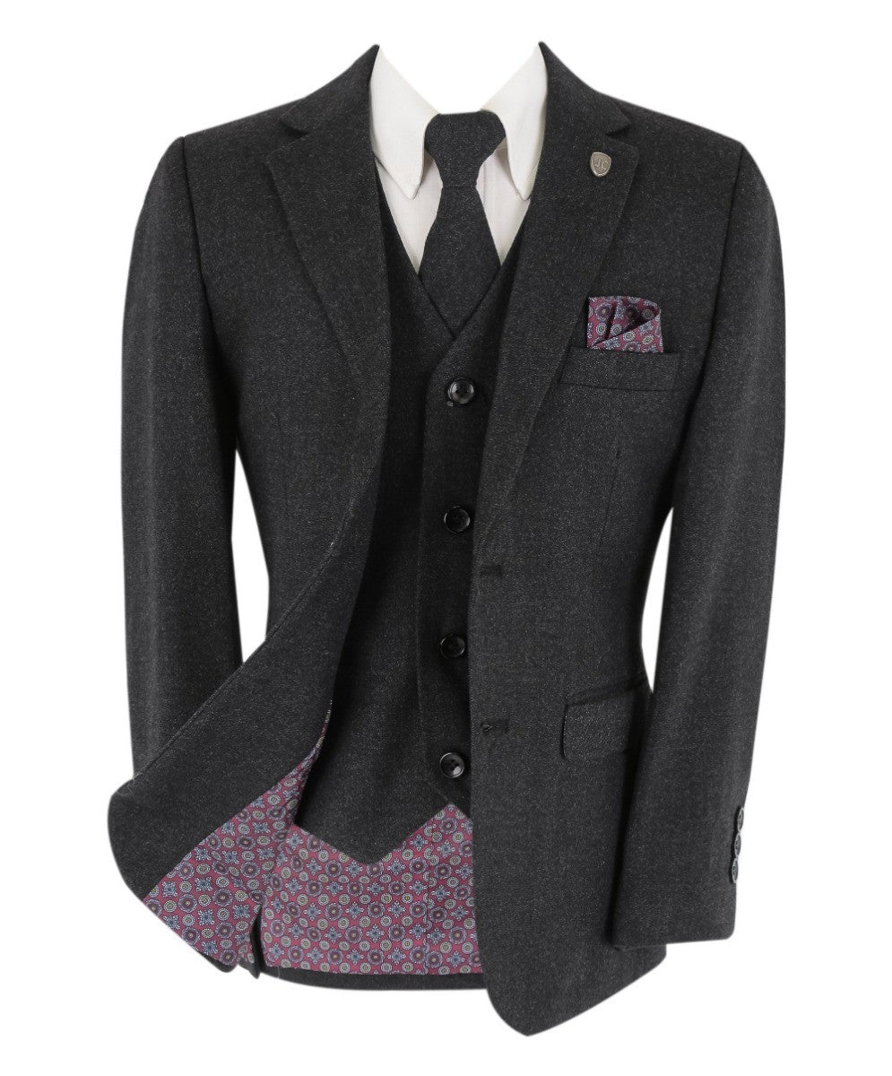 Boys Husky Tweed Tailored Fit Grey Suit - ADAM - Dark Grey