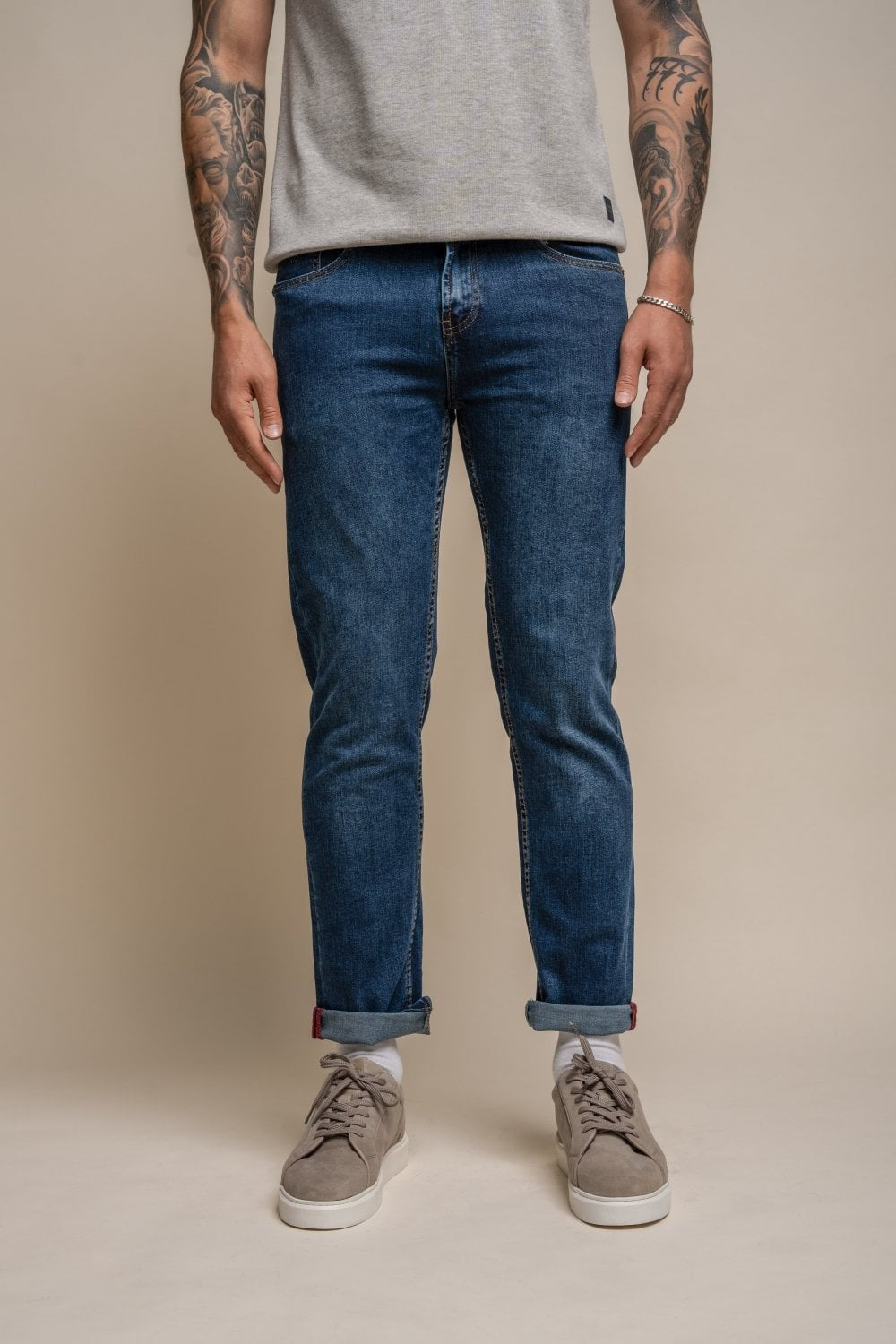 Jean en denim stretch ajusté en coton pour hommes - MILANO - Bleu Lavé Pierre