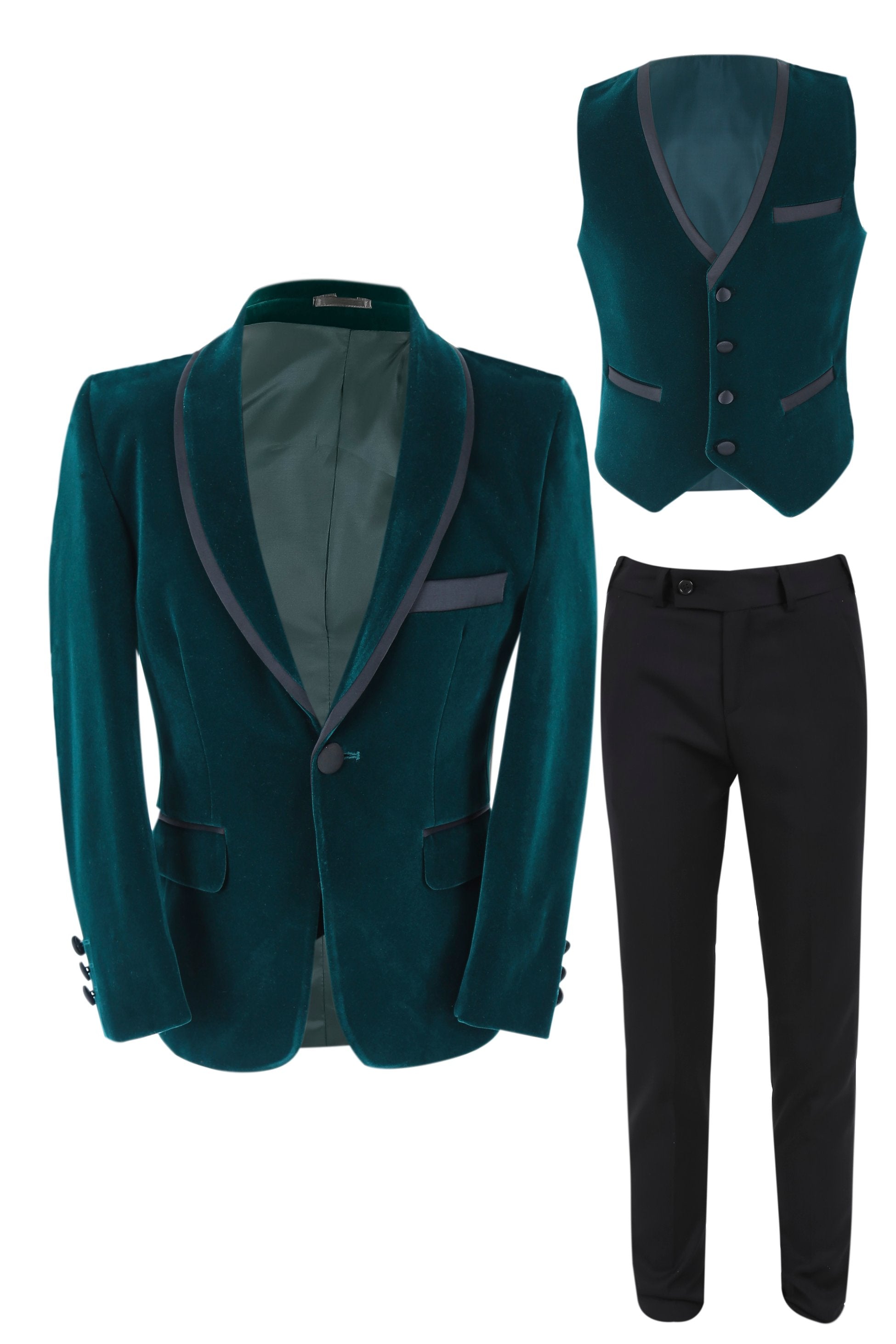 Costume de Smoking en Velours à Passepoil Slim Fit pour Garçons - LONDON - Vert Foncé