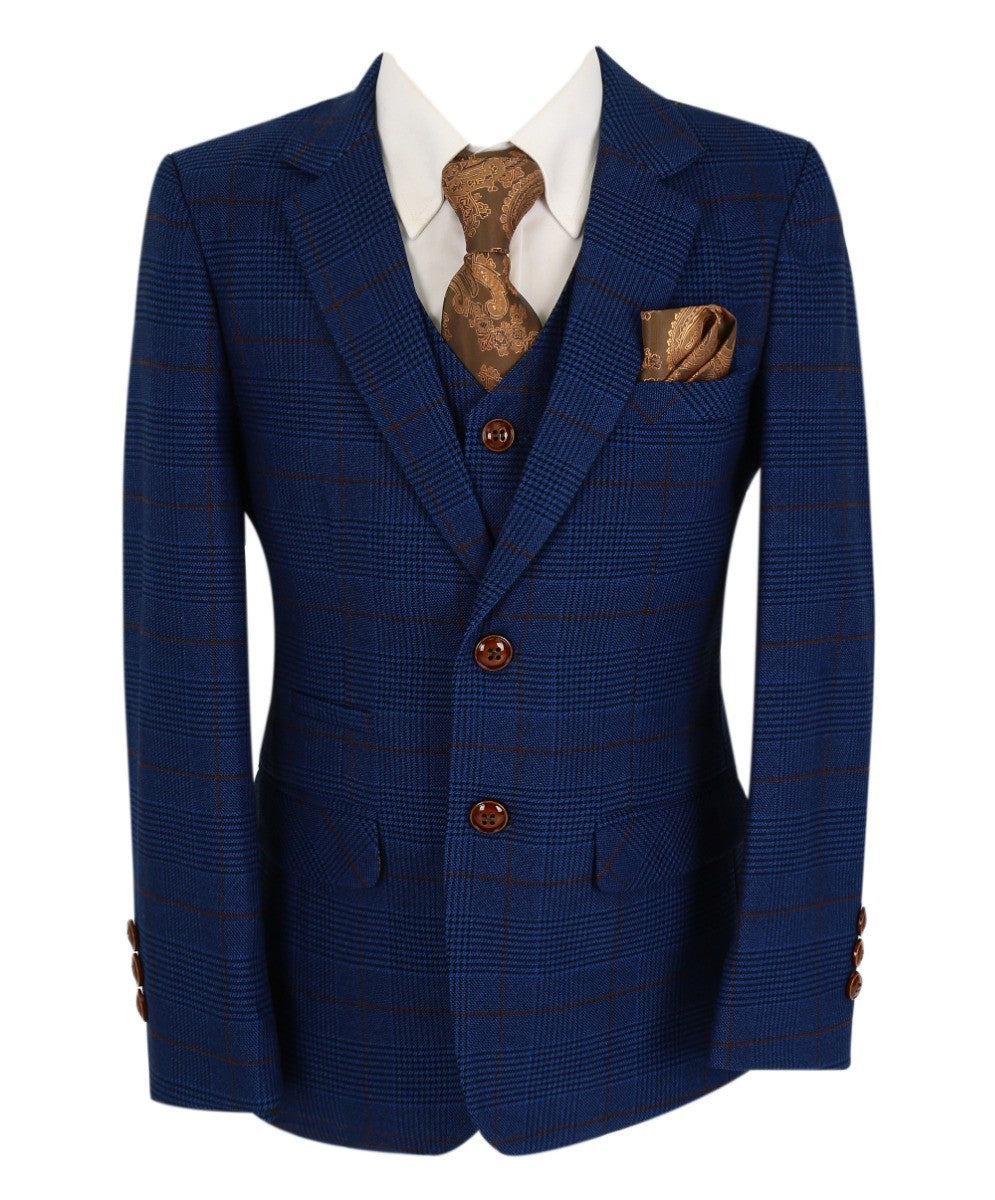 Costume en Tweed à Carreaux Tailored Fit Bleu Marine pour Garçons - ALEX - Bleu Royal