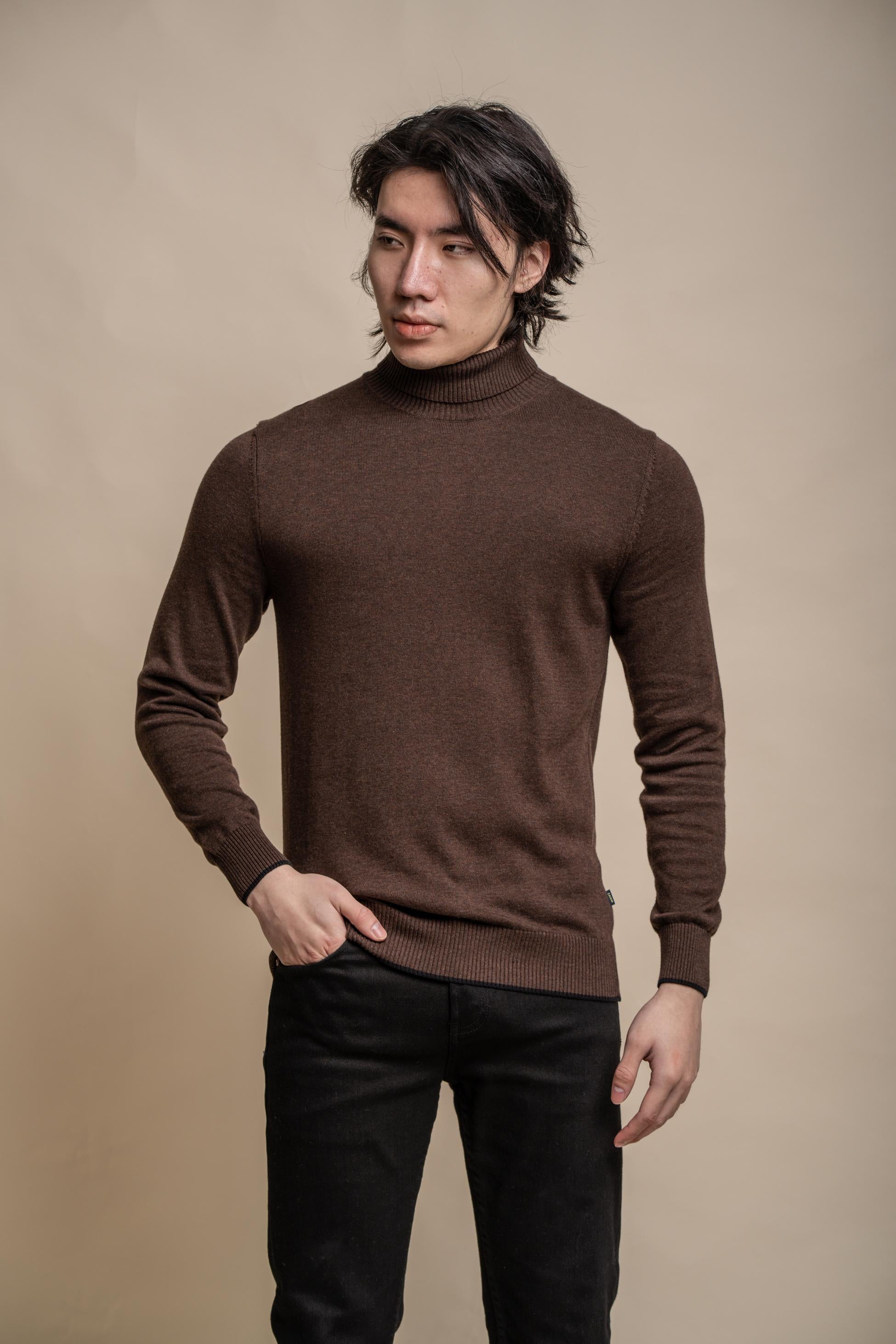 Pull à col roulé en coton pour hommes - KARRIS - Marron