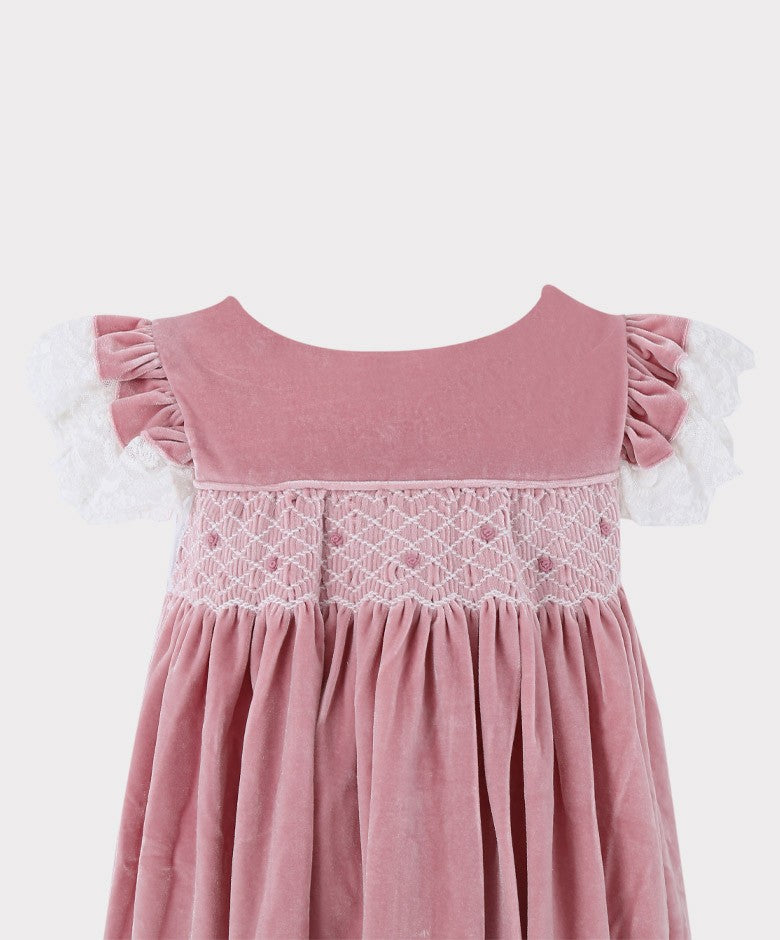 Ensemble de Robe de Nuit en Velours Smocké 2 Pièces pour Filles - Rose